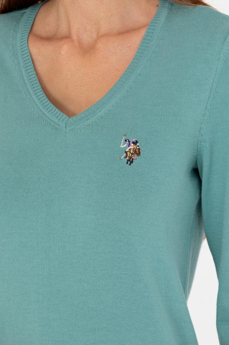 Kadın Mint V Yaka Basic Kazak