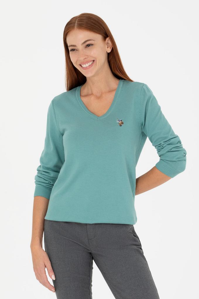 Kadın Mint V Yaka Basic Kazak