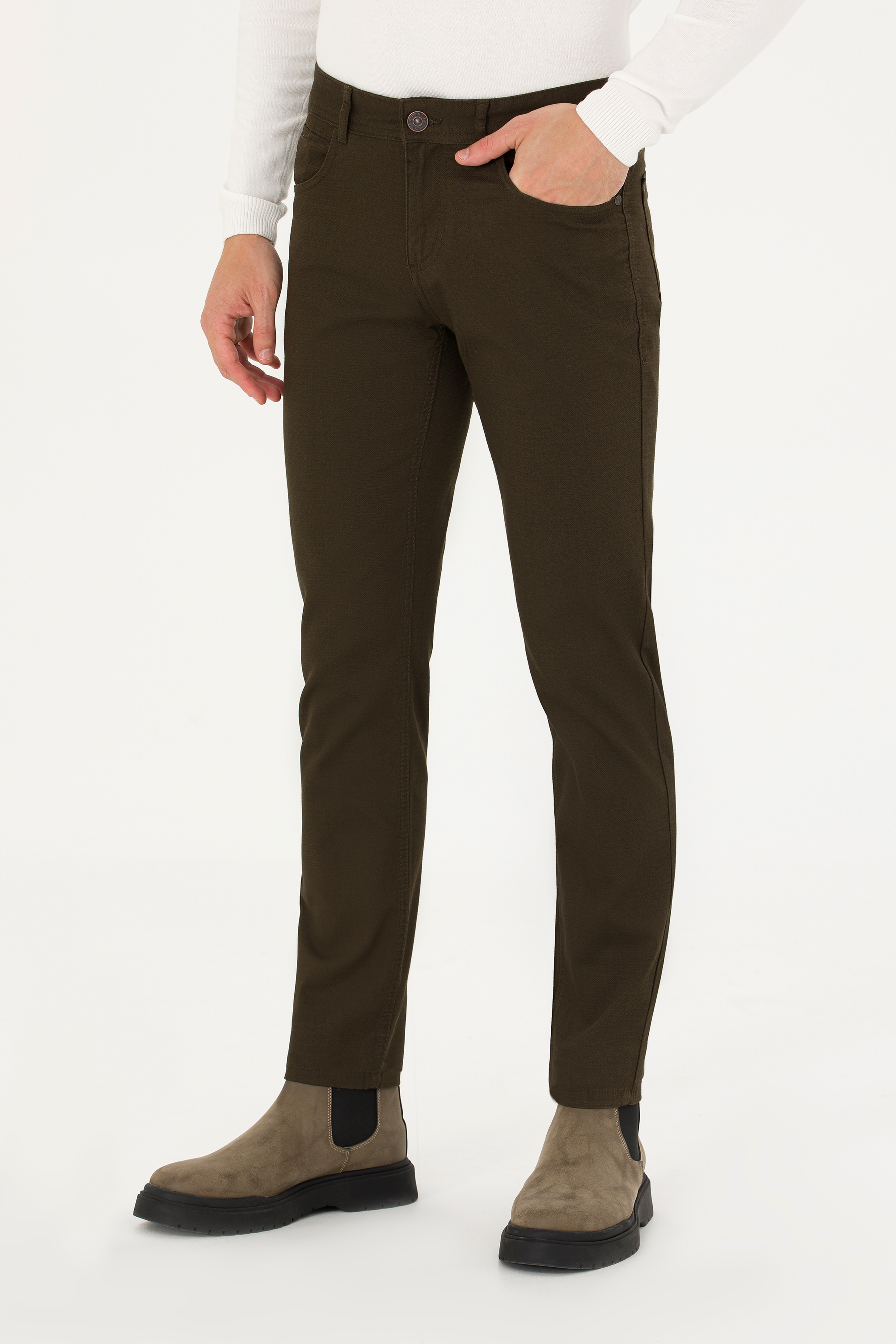 Erkek Slim Fit Koyu Haki Kanvas / Chino Pantolon - Image 2