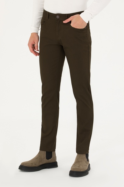 Erkek Slim Fit Koyu Haki Kanvas / Chino Pantolon