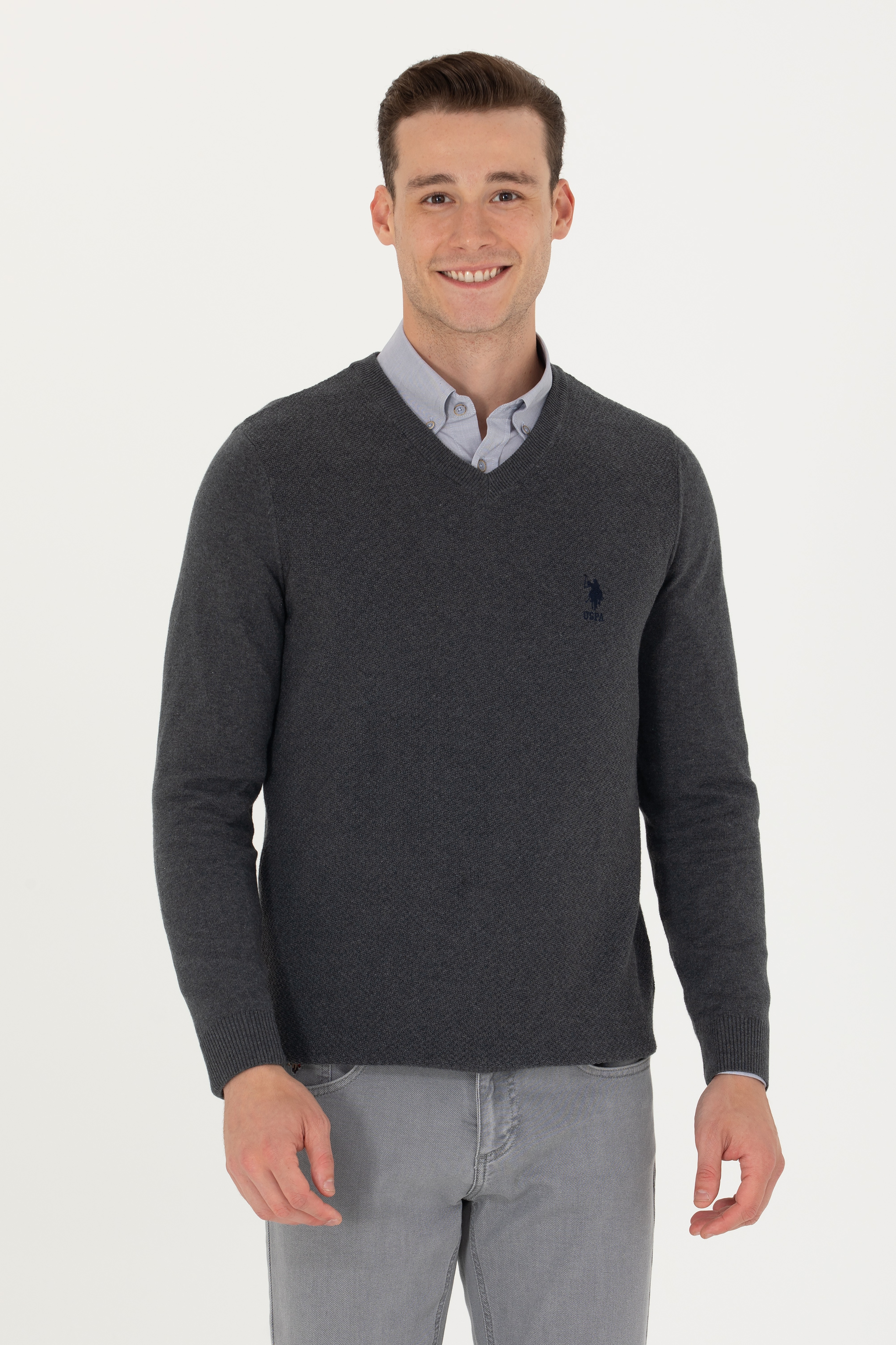 Erkek Slim Fit V Yaka Antrasit Melanj Kazak