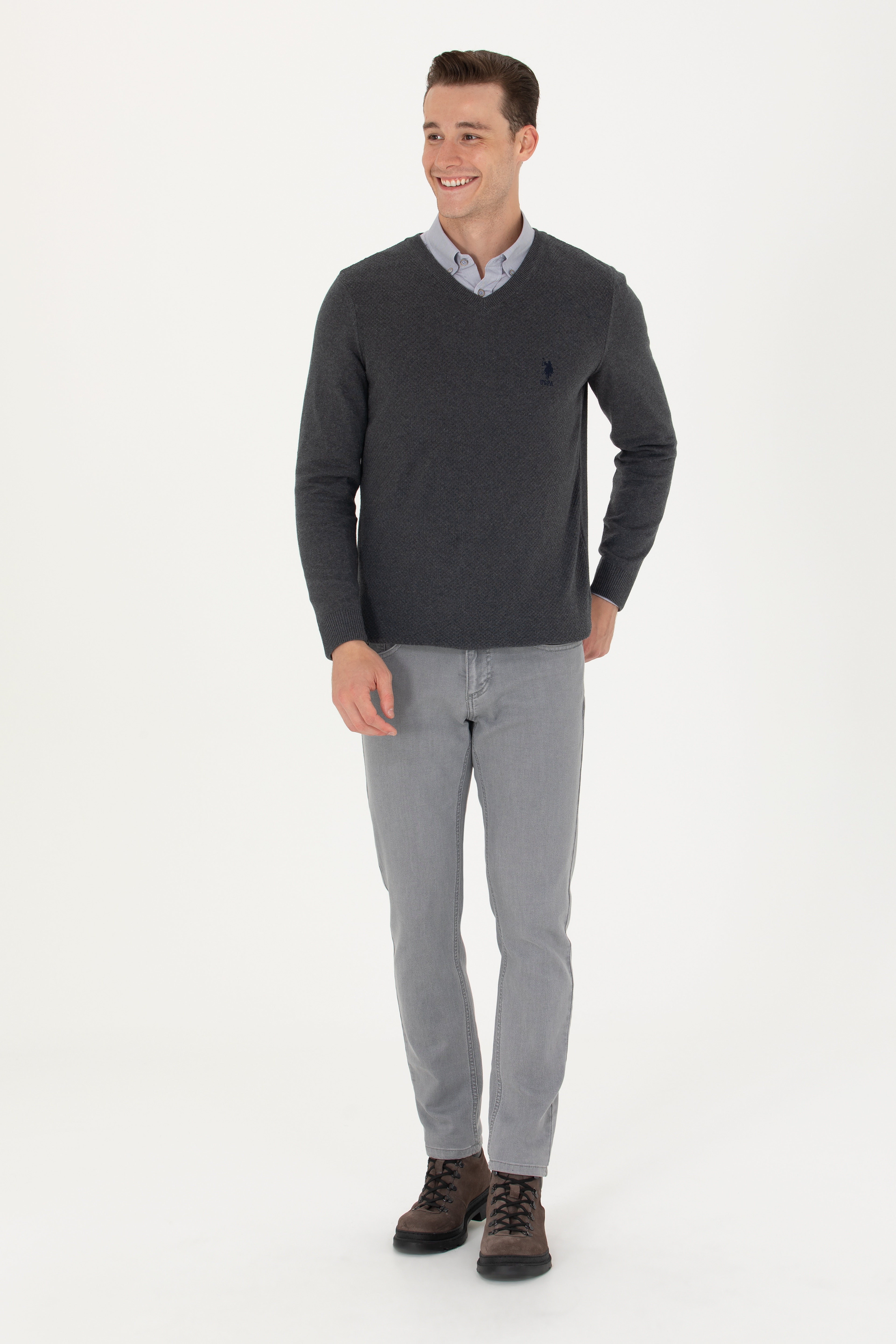 Erkek Slim Fit V Yaka Antrasit Melanj Kazak