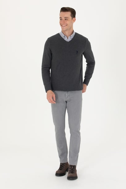 Erkek Slim Fit V Yaka Antrasit Melanj Kazak