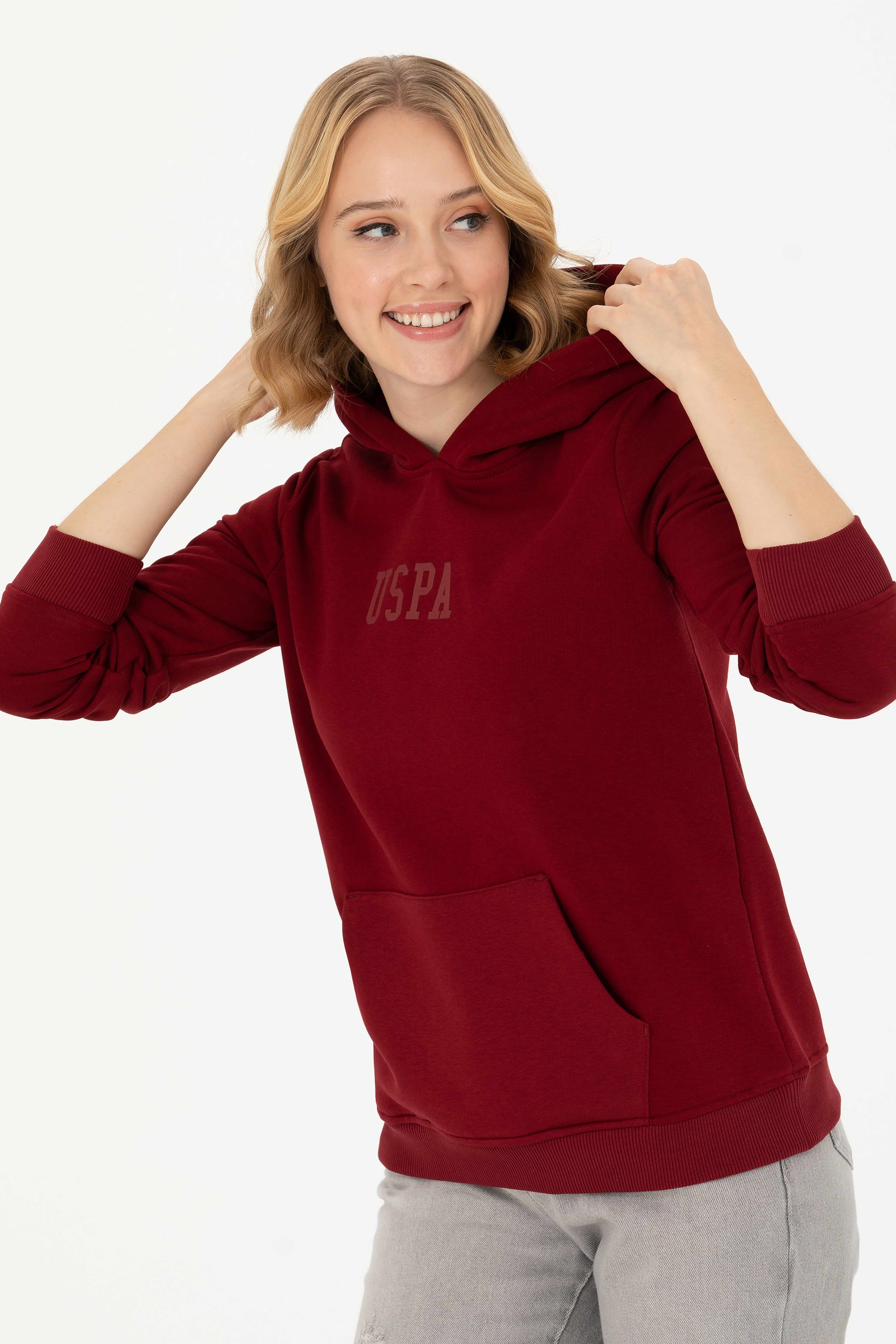 Kadın Bordo Kapüşonlu Basic Sweatshirt - Image 1