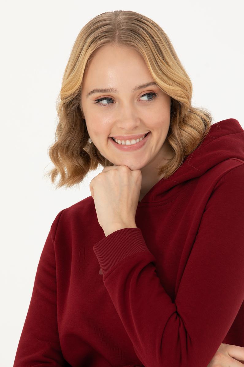 Kadın Bordo Kapüşonlu Basic Sweatshirt