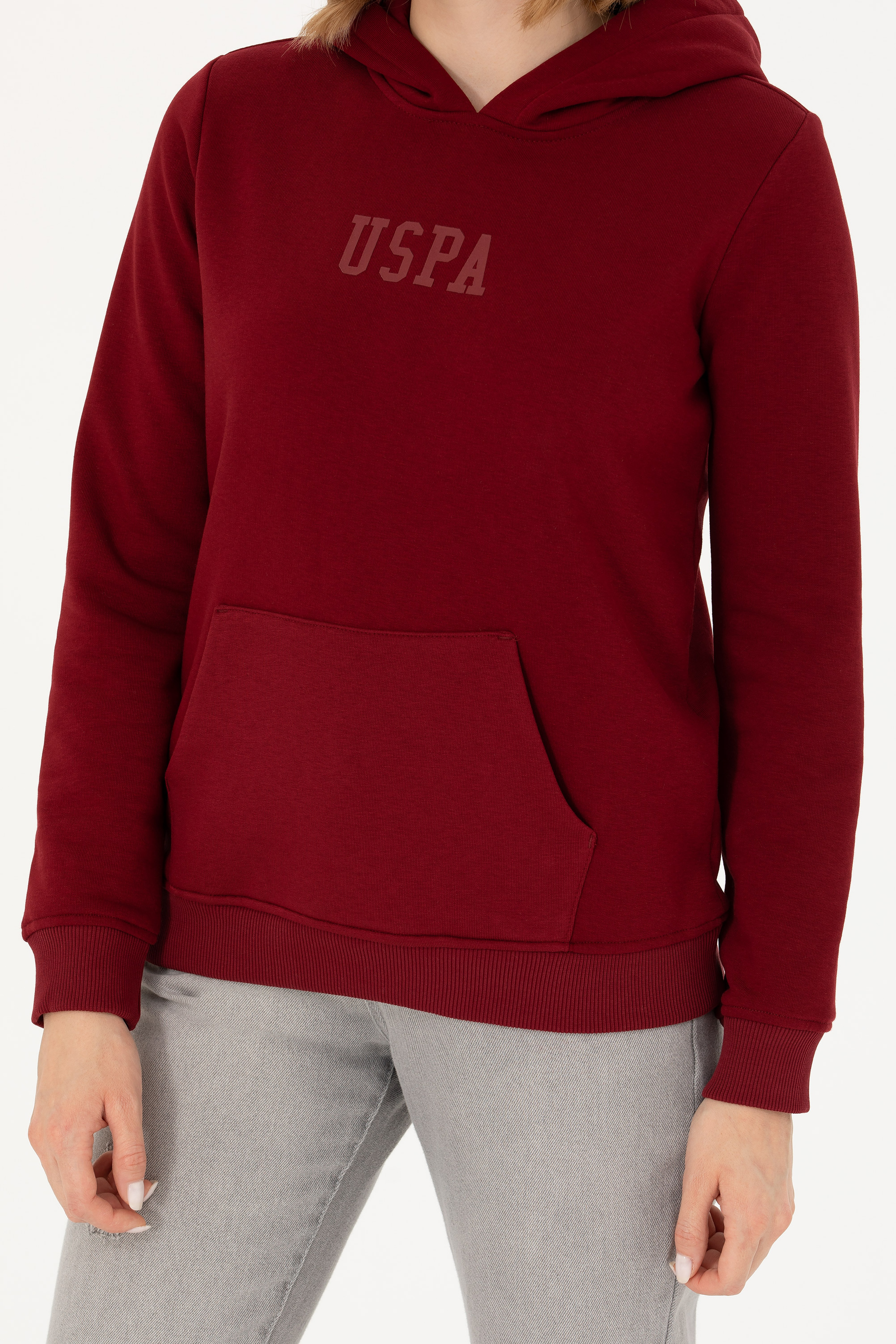 Kadın Bordo Kapüşonlu Basic Sweatshirt - Image 6