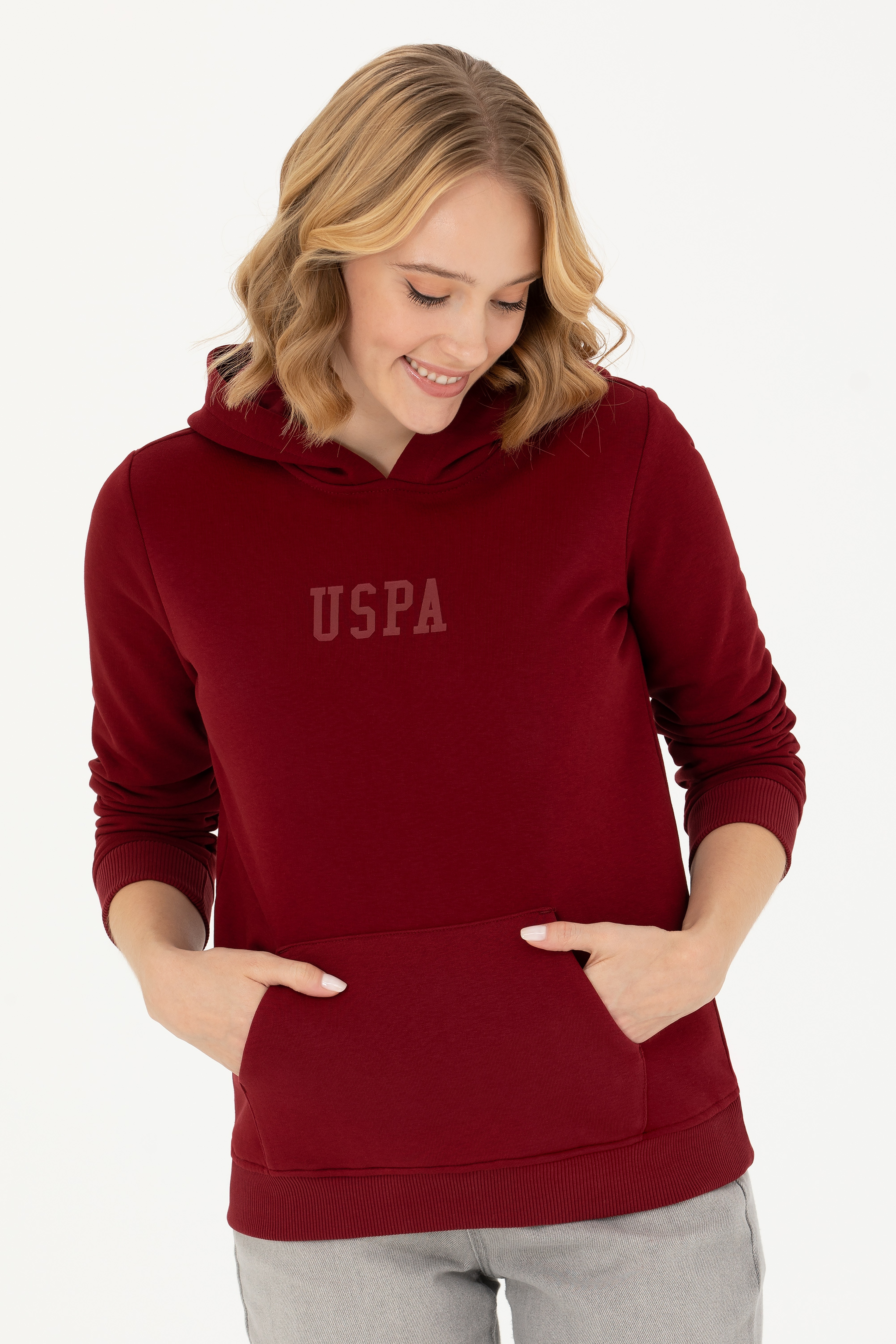 Kadın Bordo Kapüşonlu Basic Sweatshirt