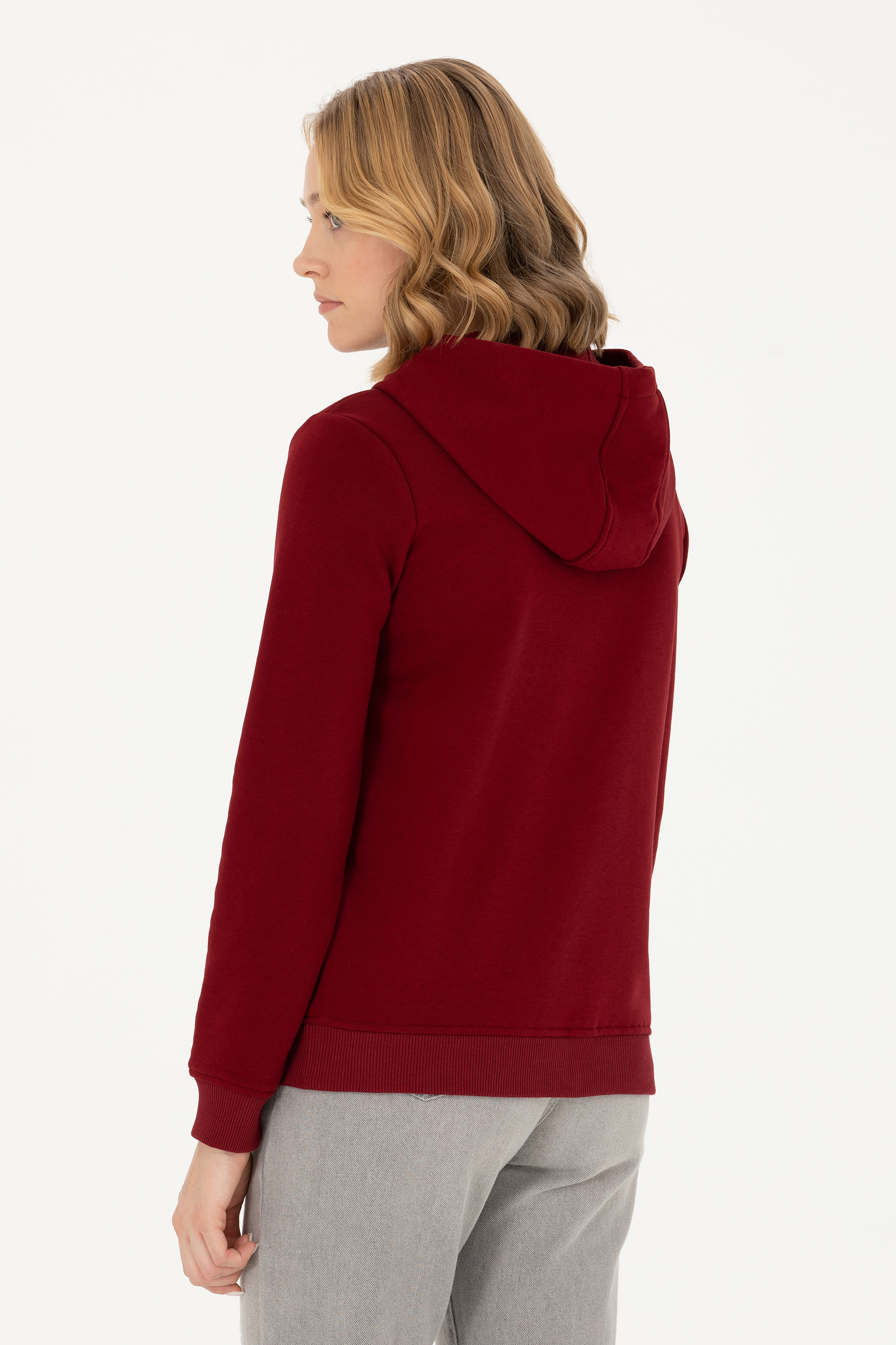 Kadın Bordo Kapüşonlu Basic Sweatshirt