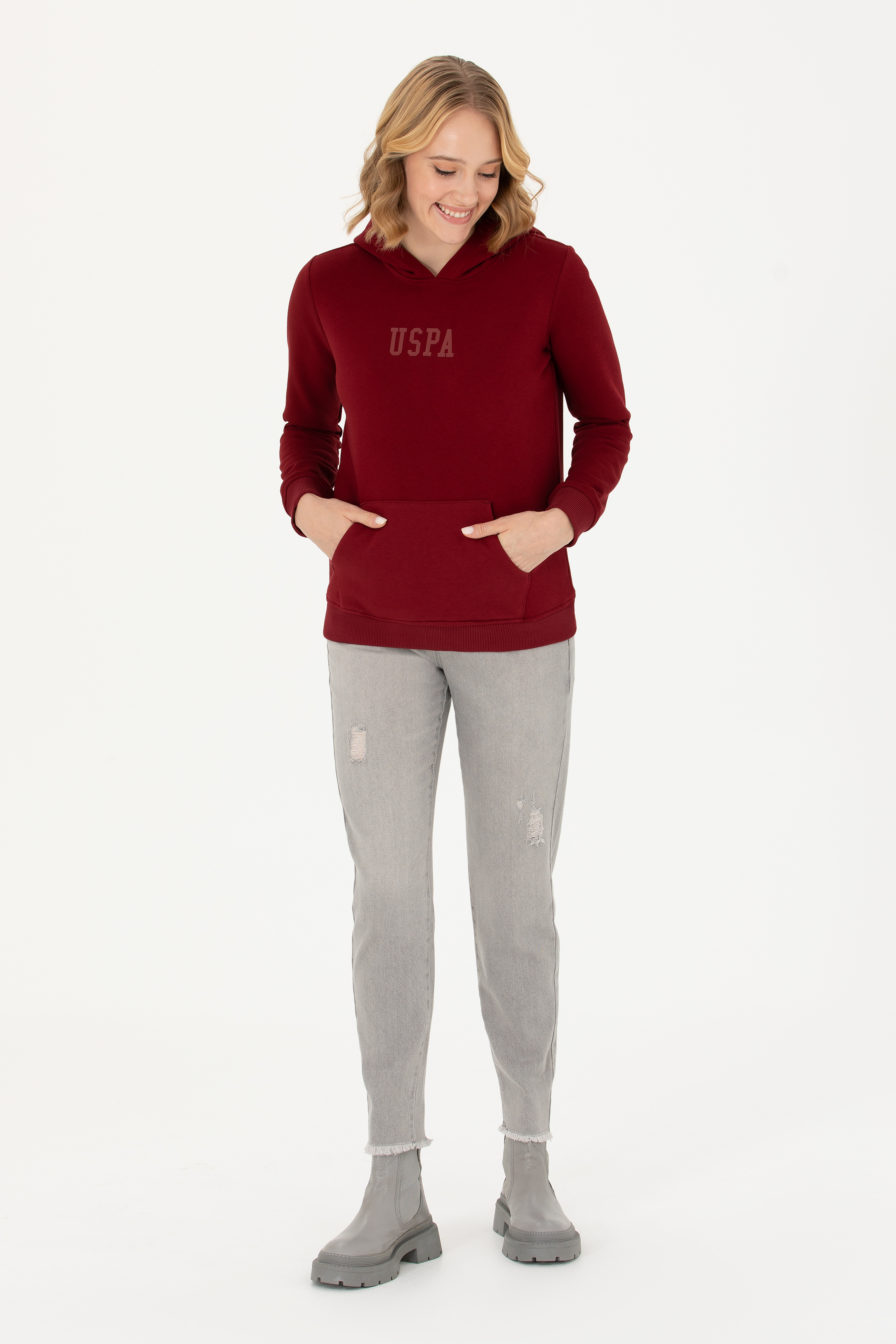 Kadın Bordo Kapüşonlu Basic Sweatshirt - Image 4