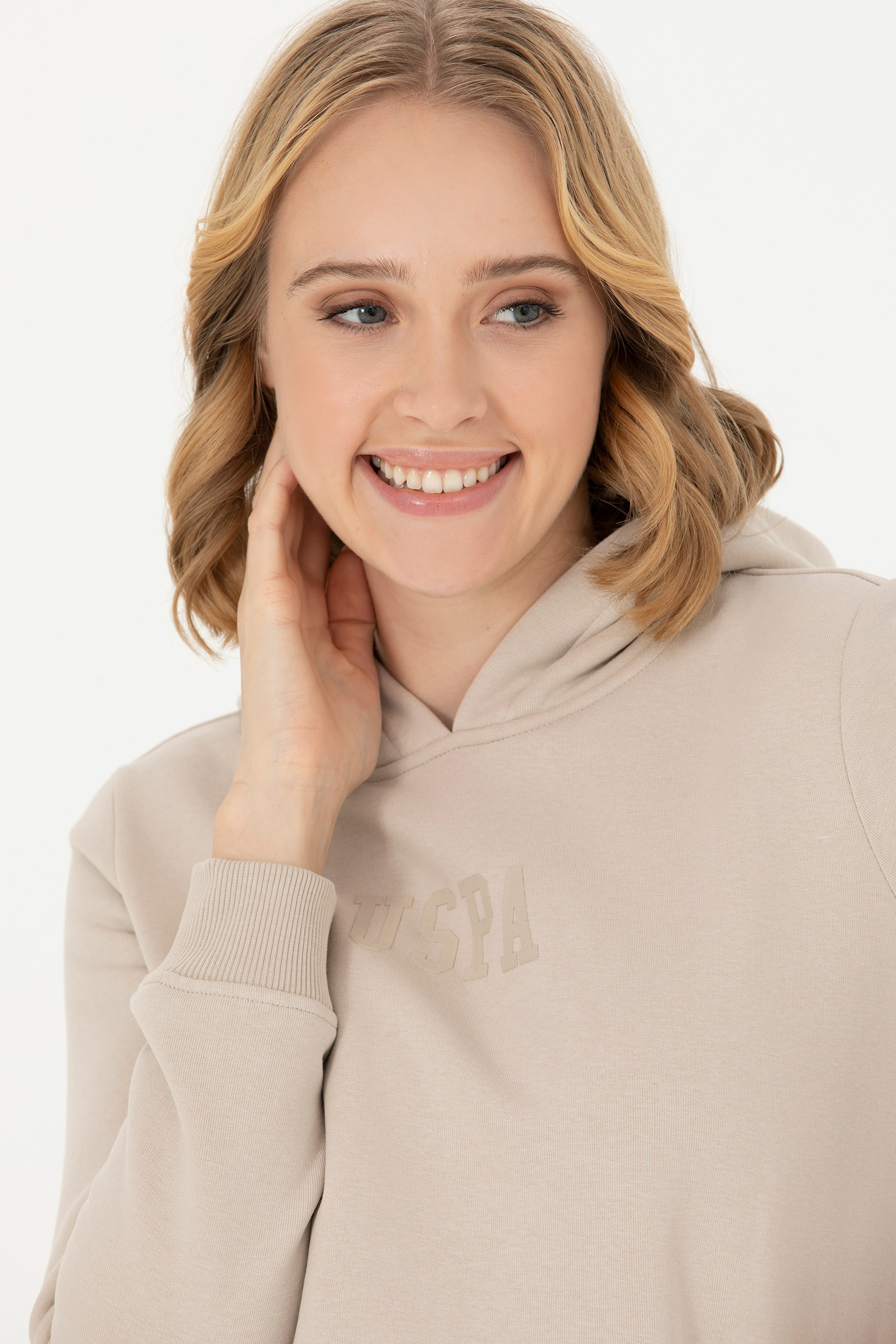 Kadın Bej Kapüşonlu Basic Sweatshirt