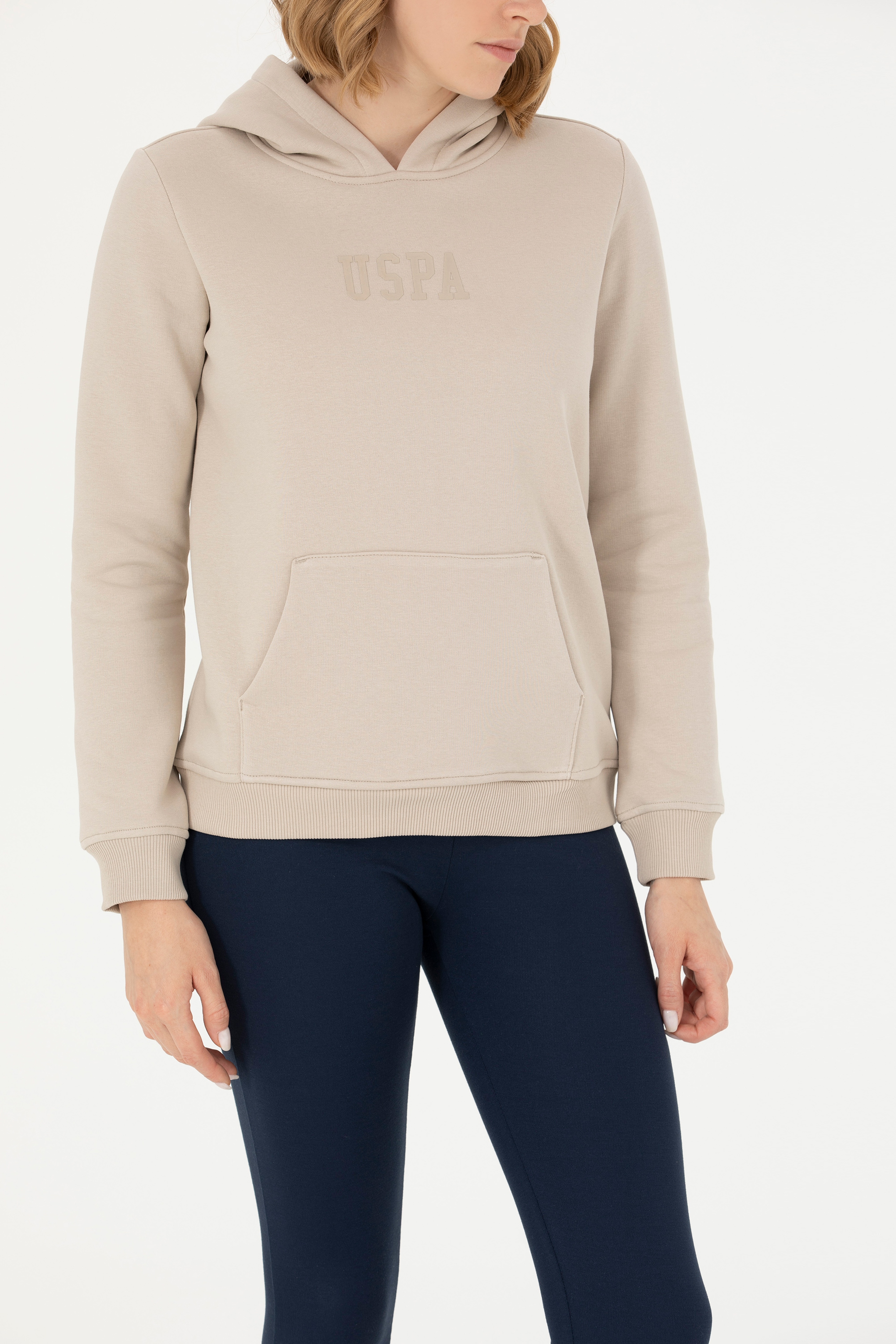 Kadın Bej Kapüşonlu Basic Sweatshirt