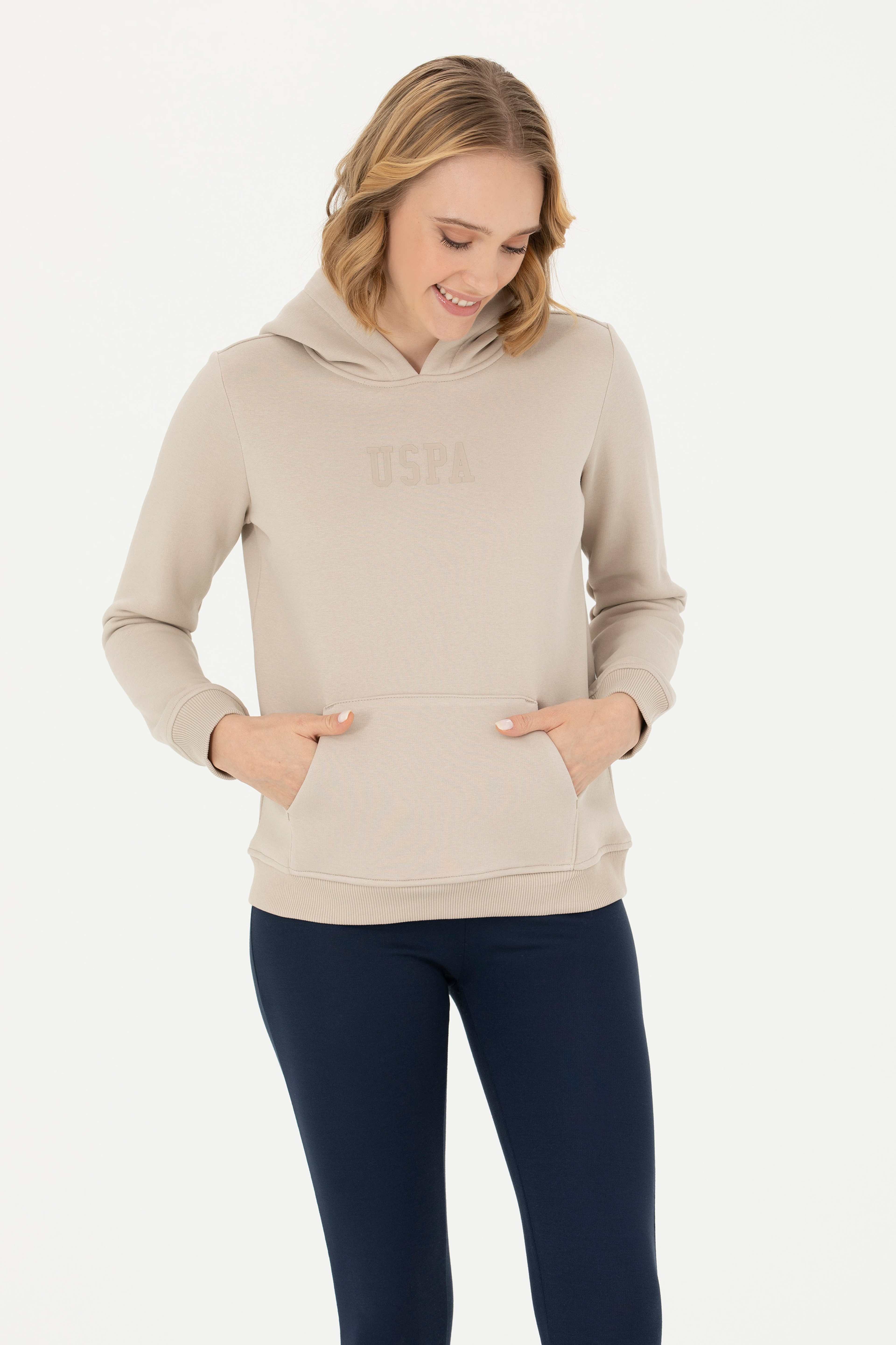 Kadın Bej Kapüşonlu Basic Sweatshirt