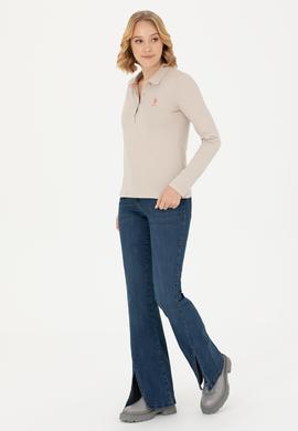 Kadın Bej Polo Yaka Basic Sweatshirt - 50271573210