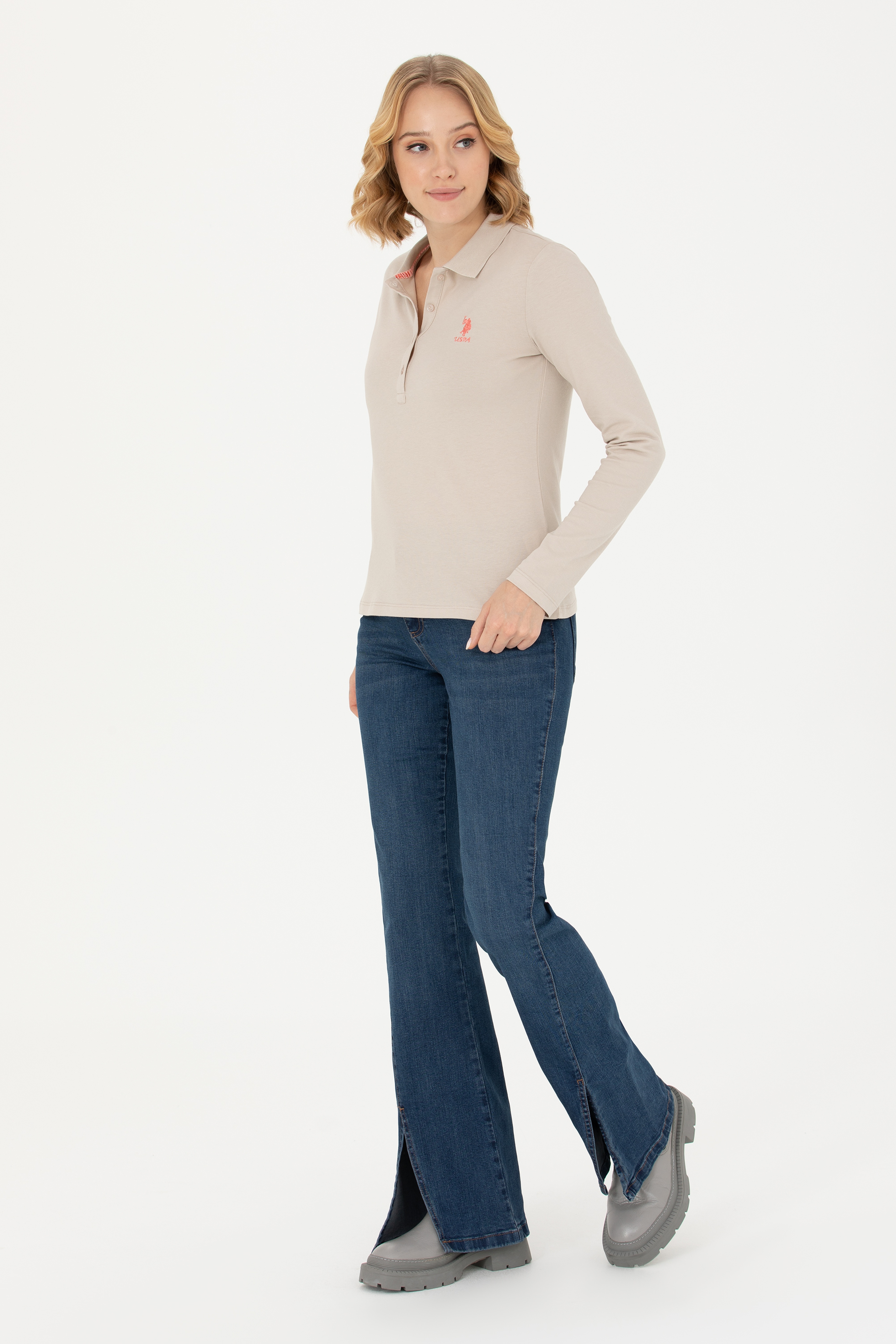 Kadın Bej Polo Yaka Basic Sweatshirt - Image 4