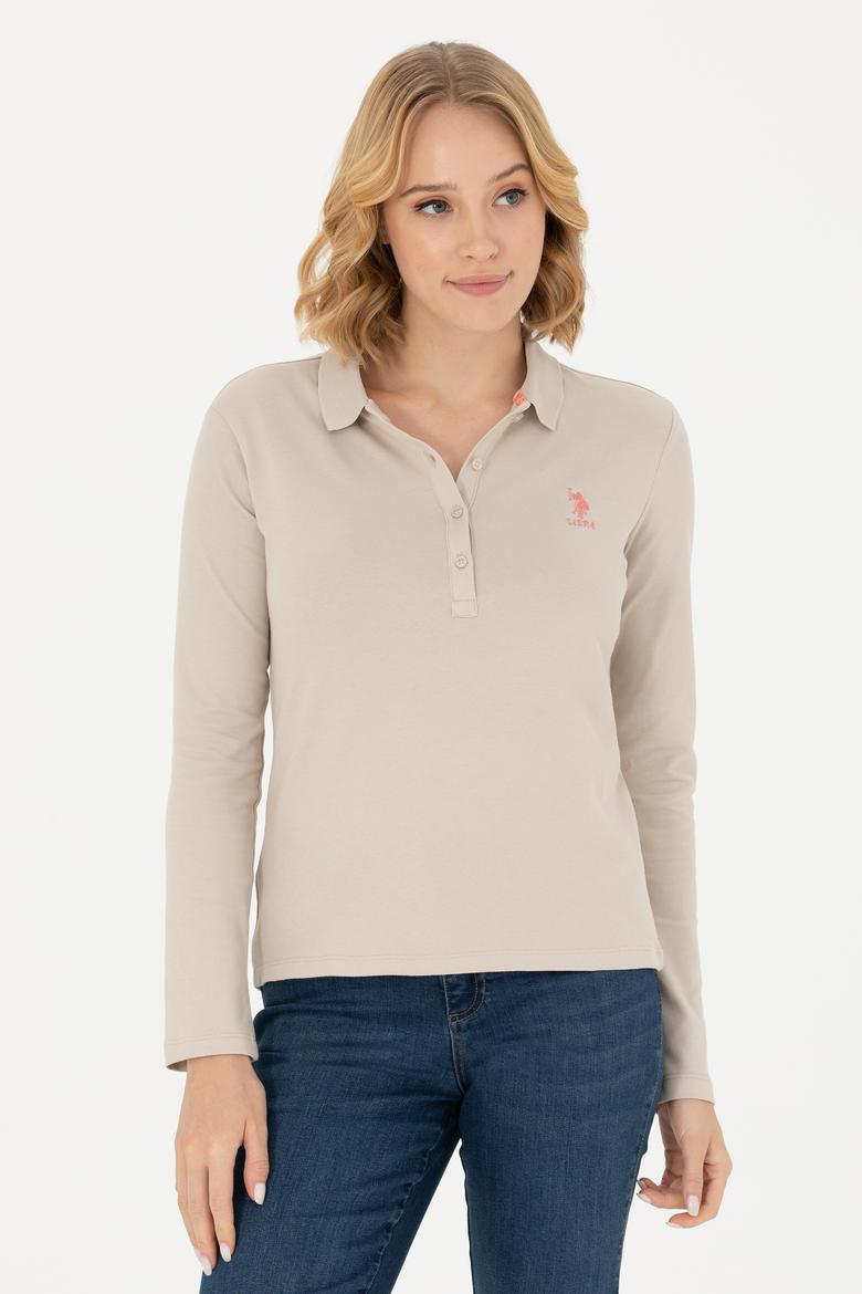 Kadın Bej Polo Yaka Basic Sweatshirt - 50271573210