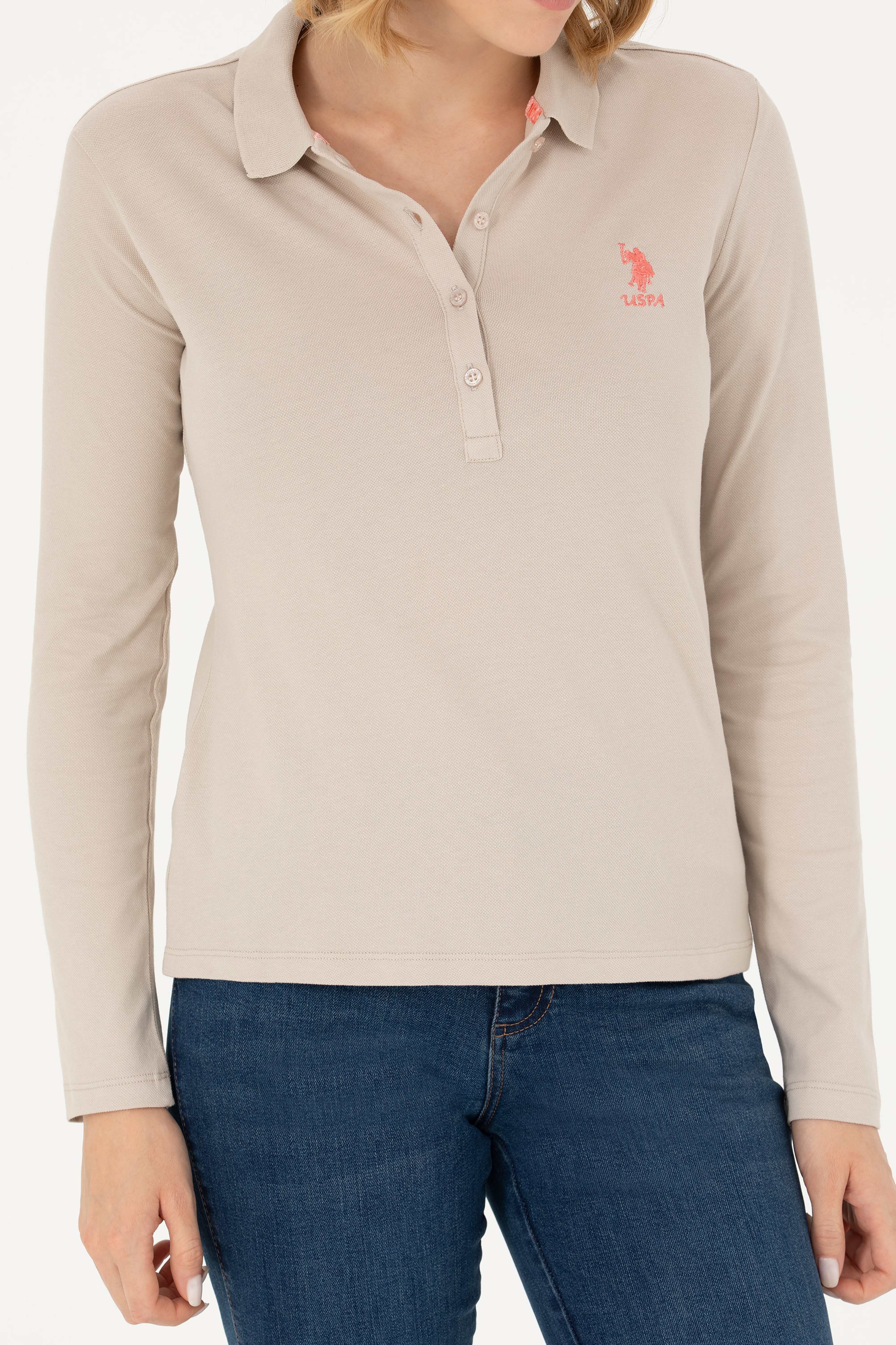 Kadın Bej Polo Yaka Basic Sweatshirt - Image 6