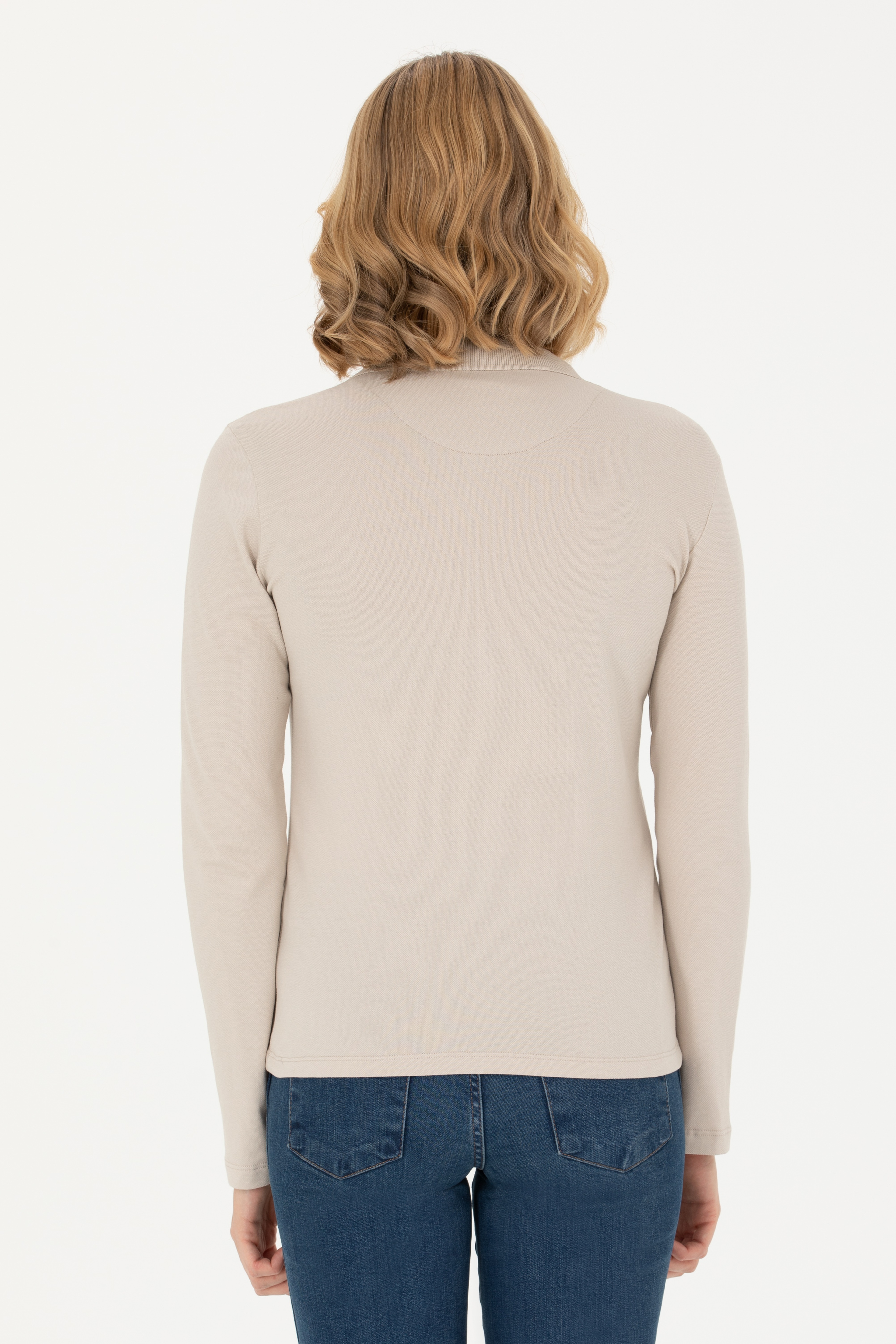 Kadın Bej Polo Yaka Basic Sweatshirt