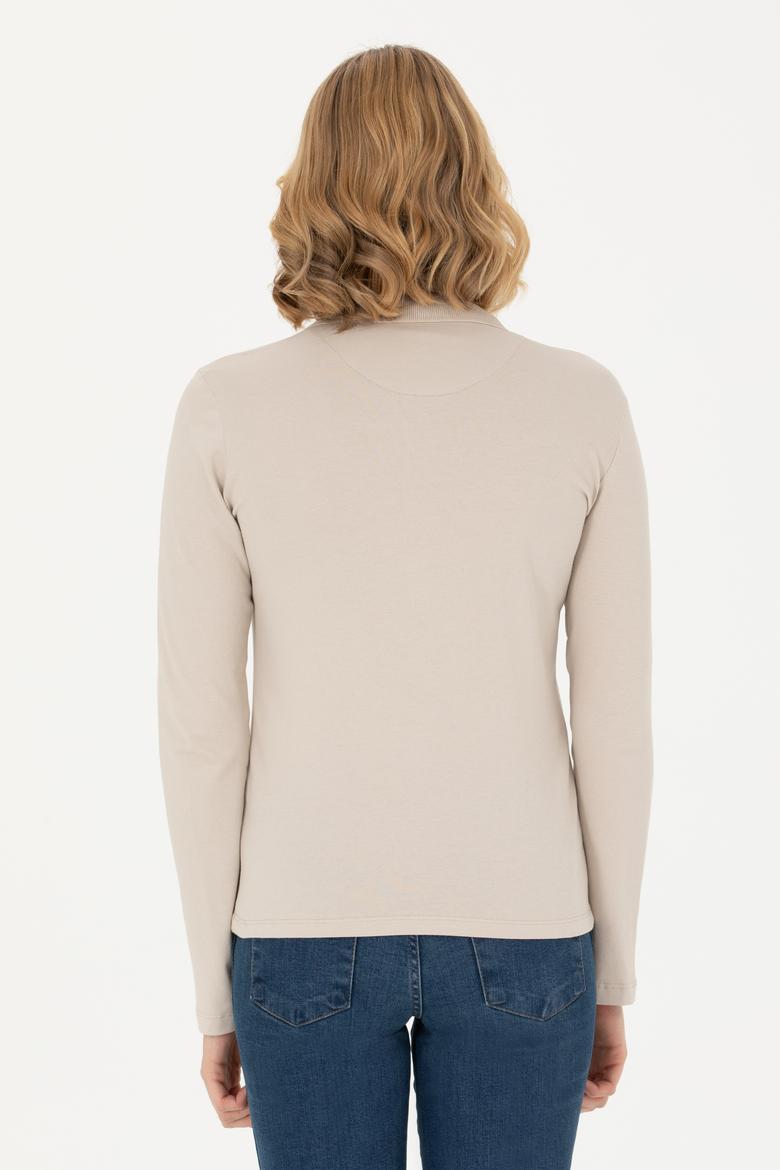 Kadın Bej Polo Yaka Basic Sweatshirt - 50271573210