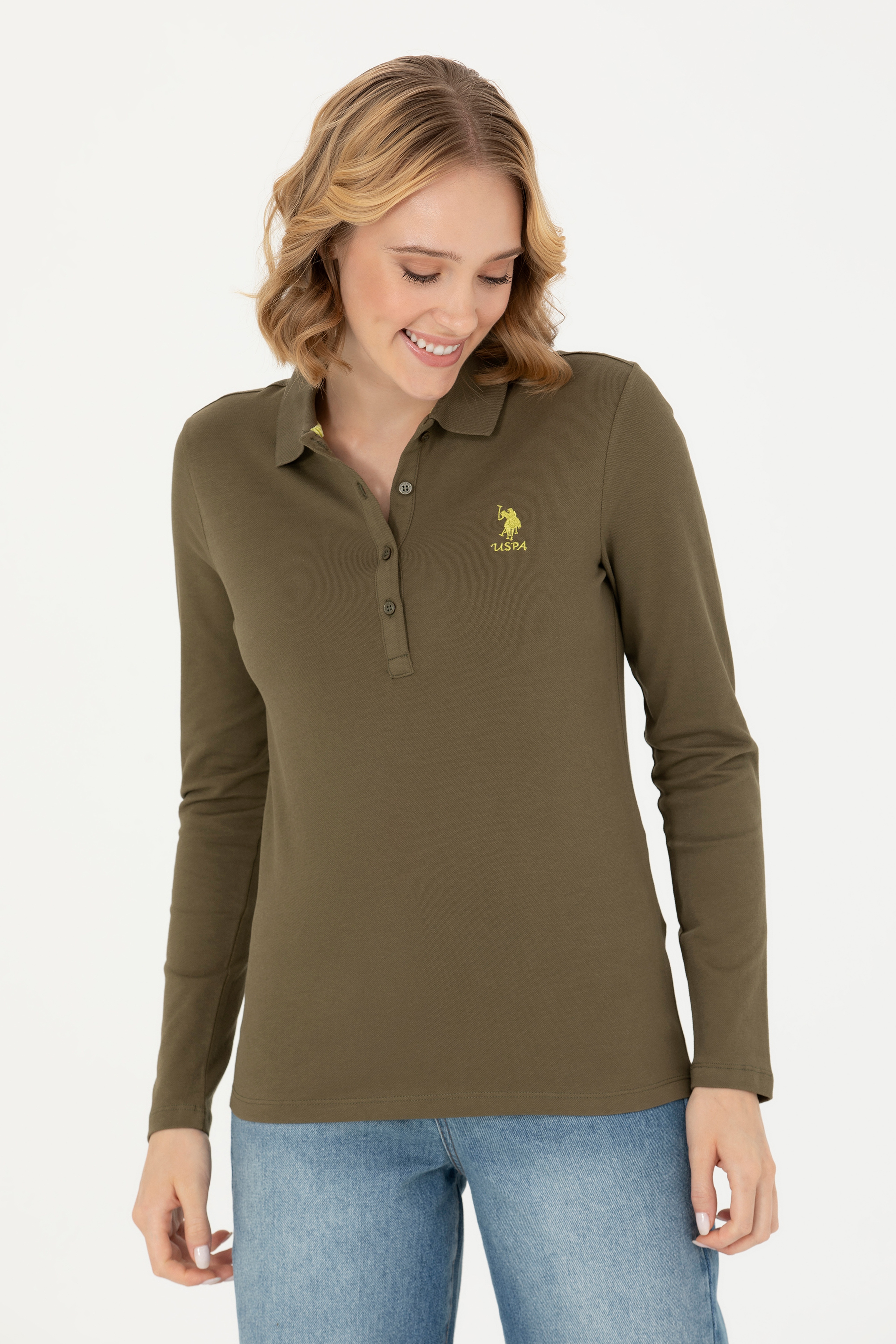 Kadın Haki Polo Yaka Basic Sweatshirt - Image 3