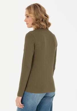 Kadın Haki Polo Yaka Basic Sweatshirt - 50276999014