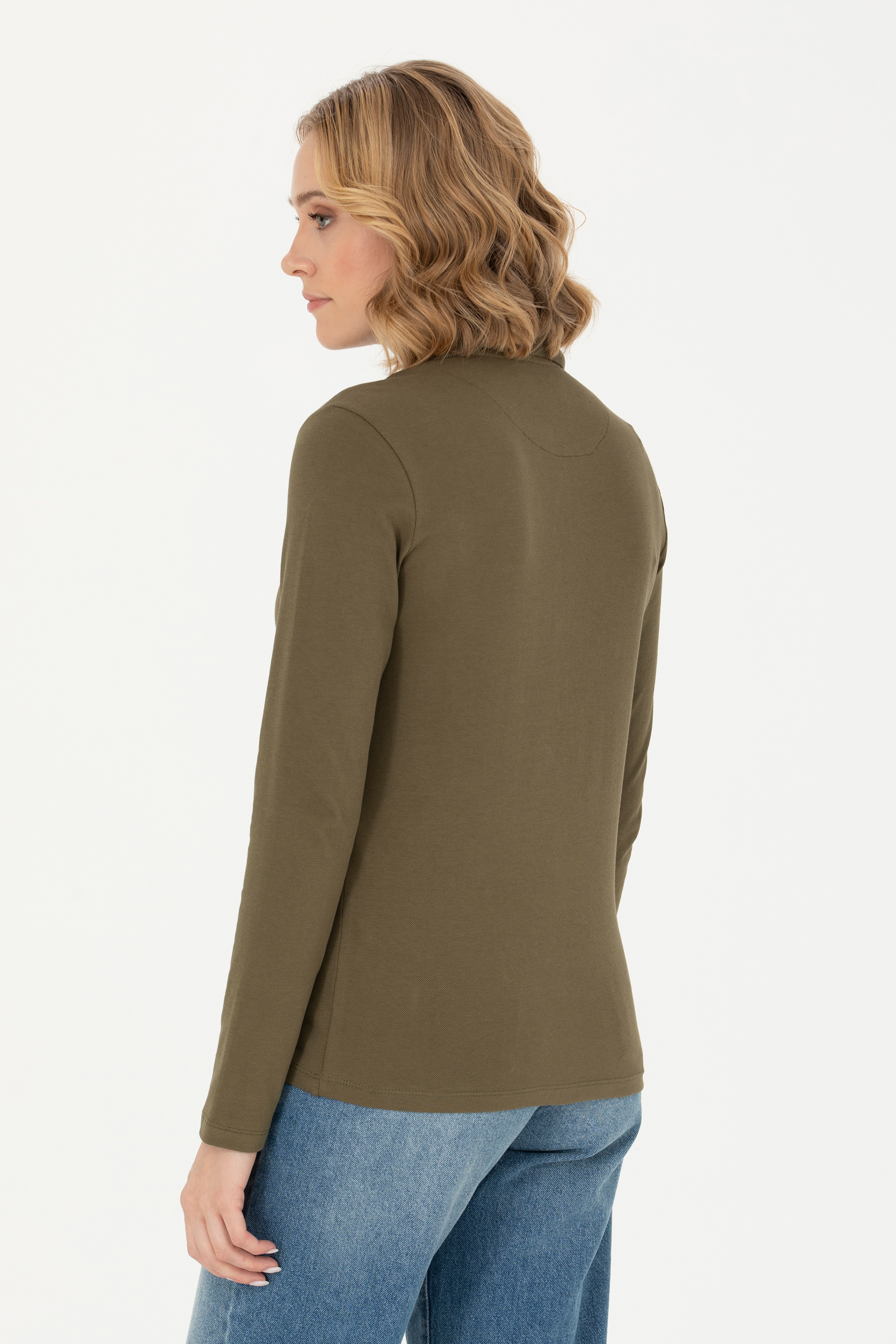 Kadın Haki Polo Yaka Basic Sweatshirt - Image 5