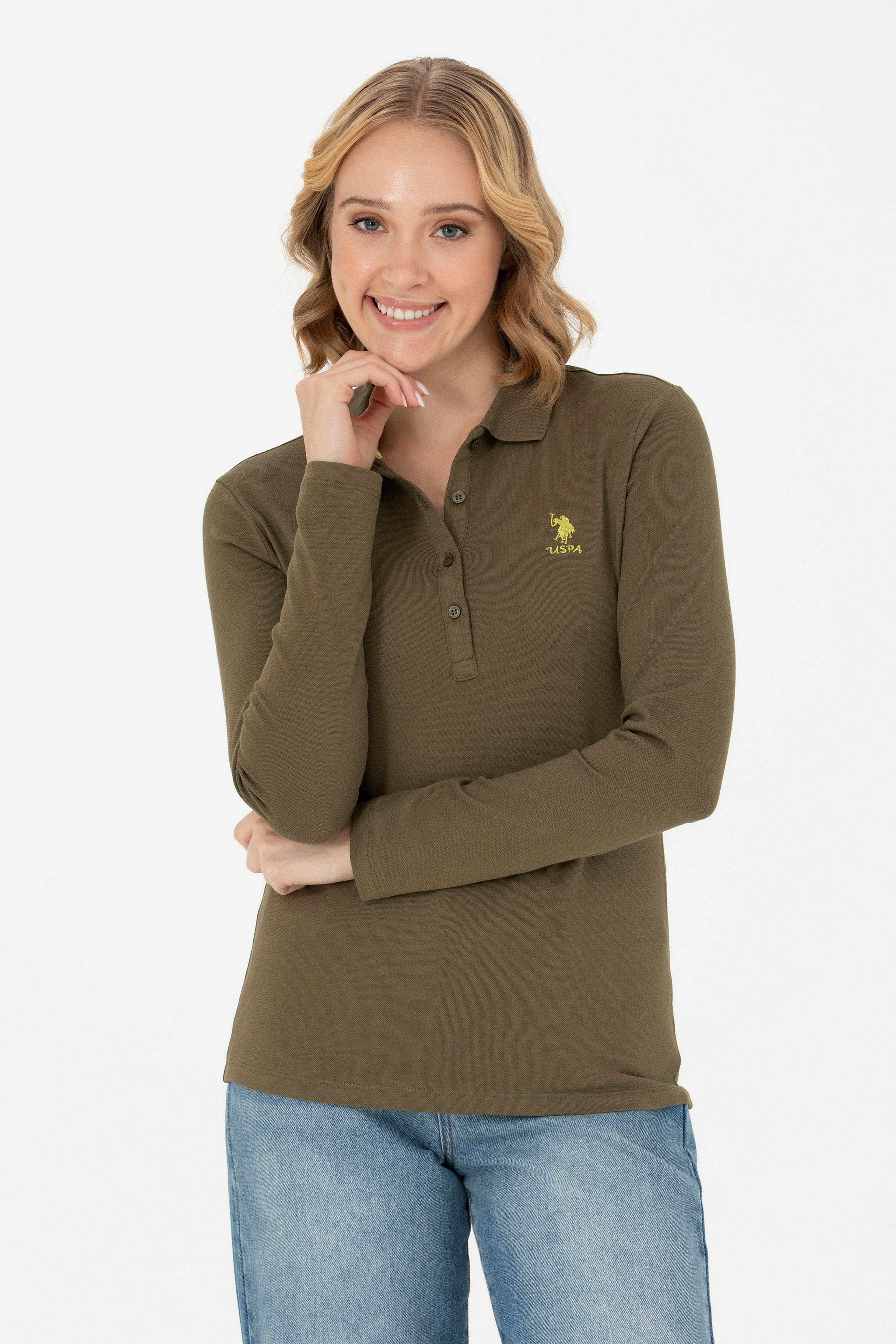 Kadın Haki Polo Yaka Basic Sweatshirt - Image 1