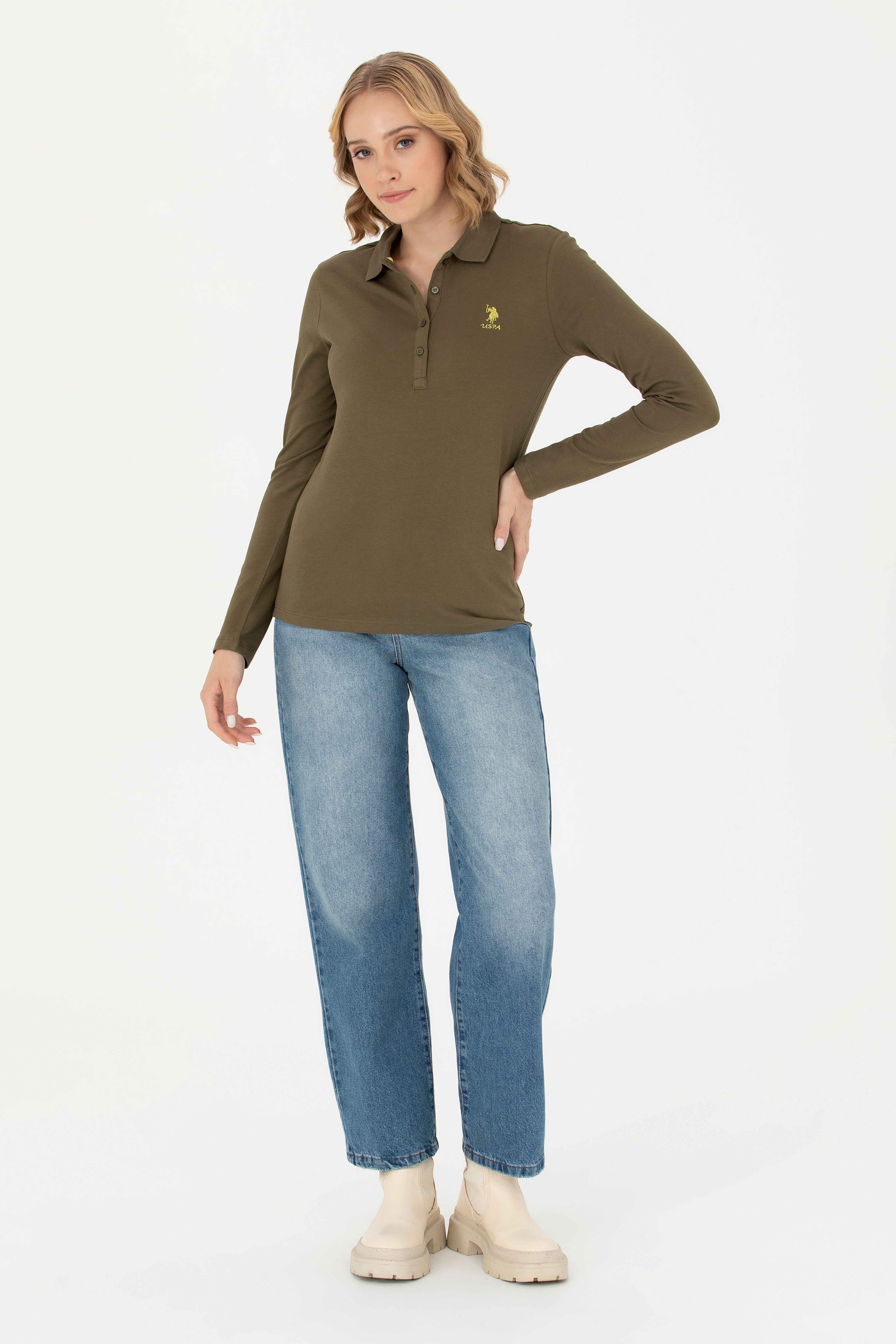 Kadın Haki Polo Yaka Basic Sweatshirt - Image 4