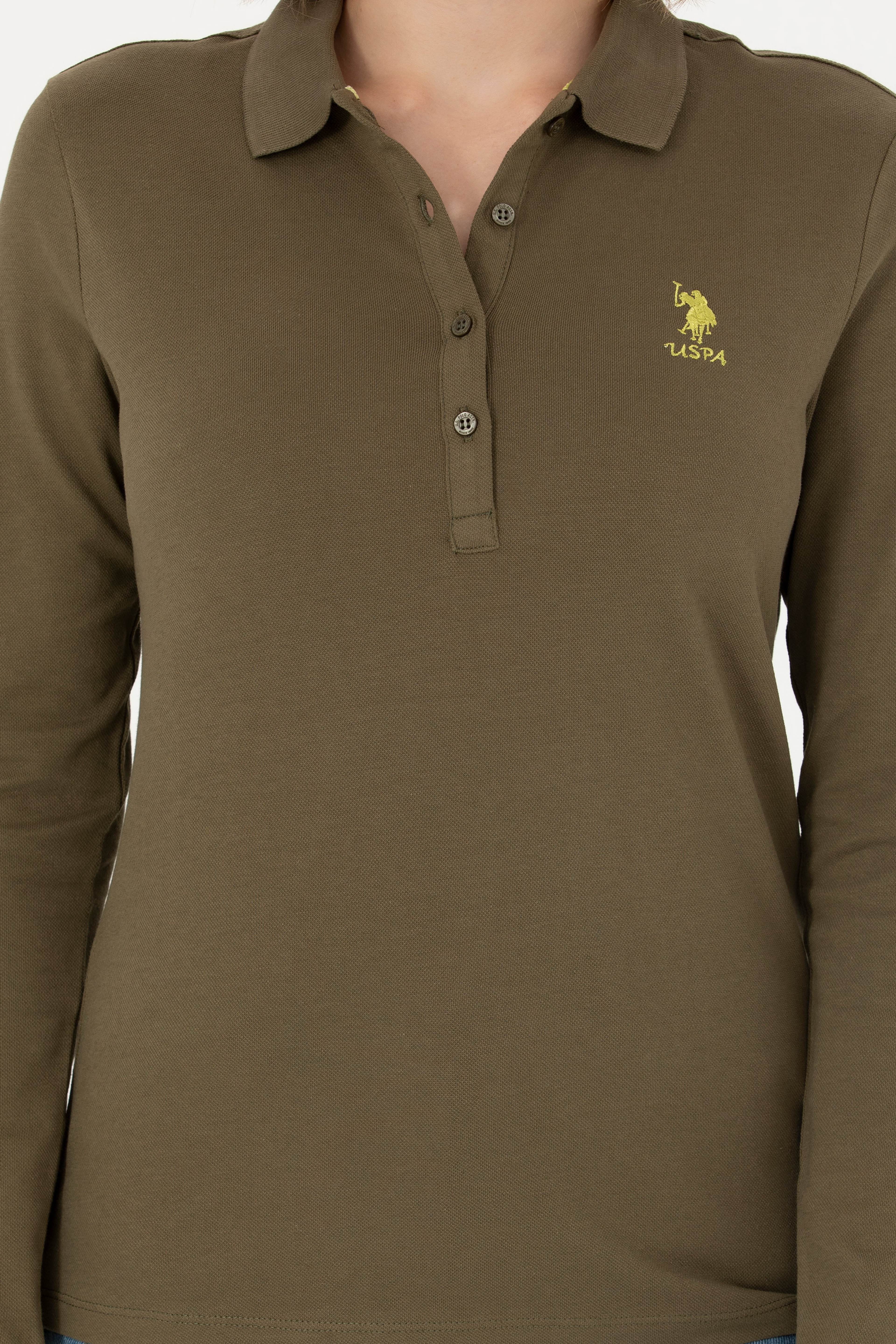 Kadın Haki Polo Yaka Basic Sweatshirt