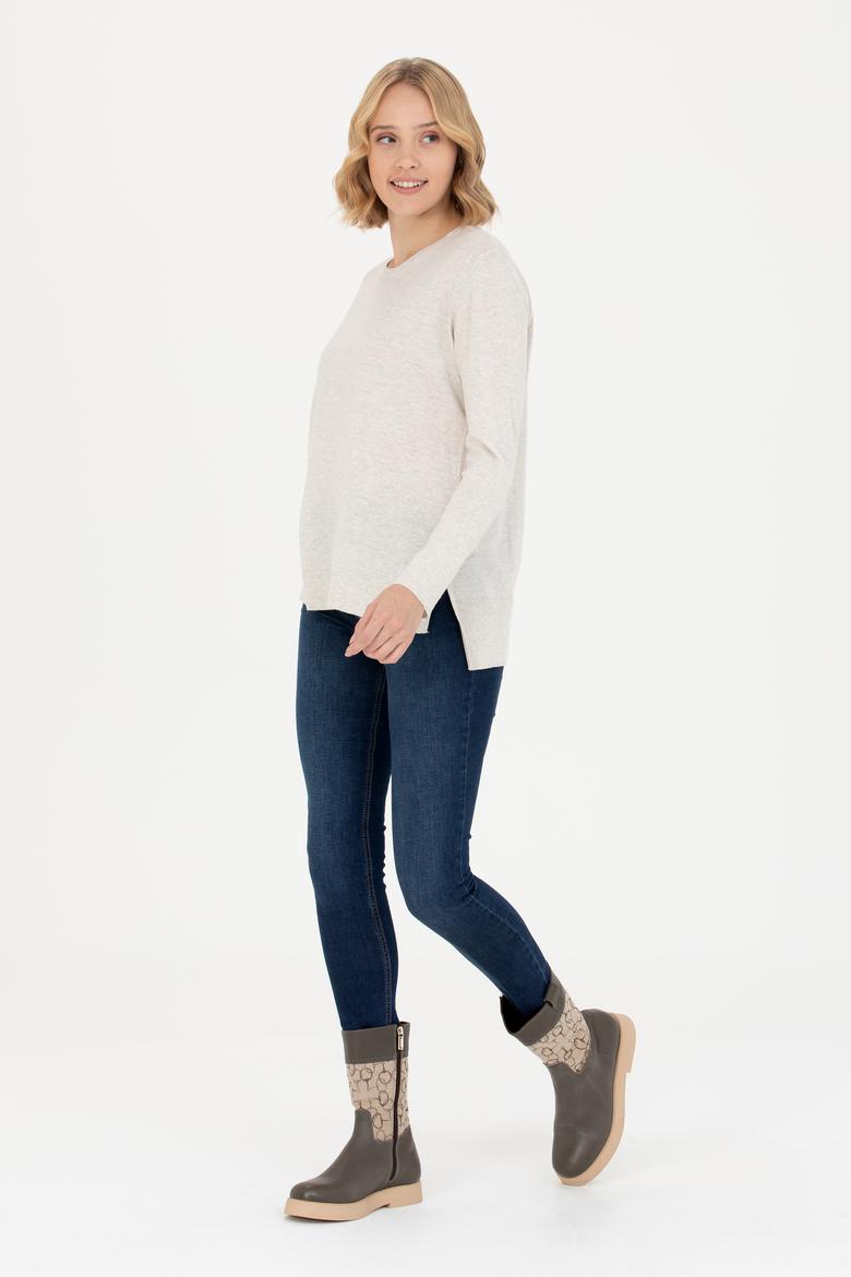 Kadın Taş Melanj Bisiklet Yaka Basic Kazak - 50269015033