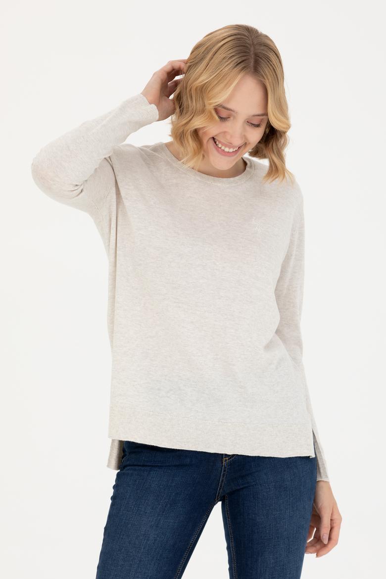 Kadın Taş Melanj Bisiklet Yaka Basic Kazak