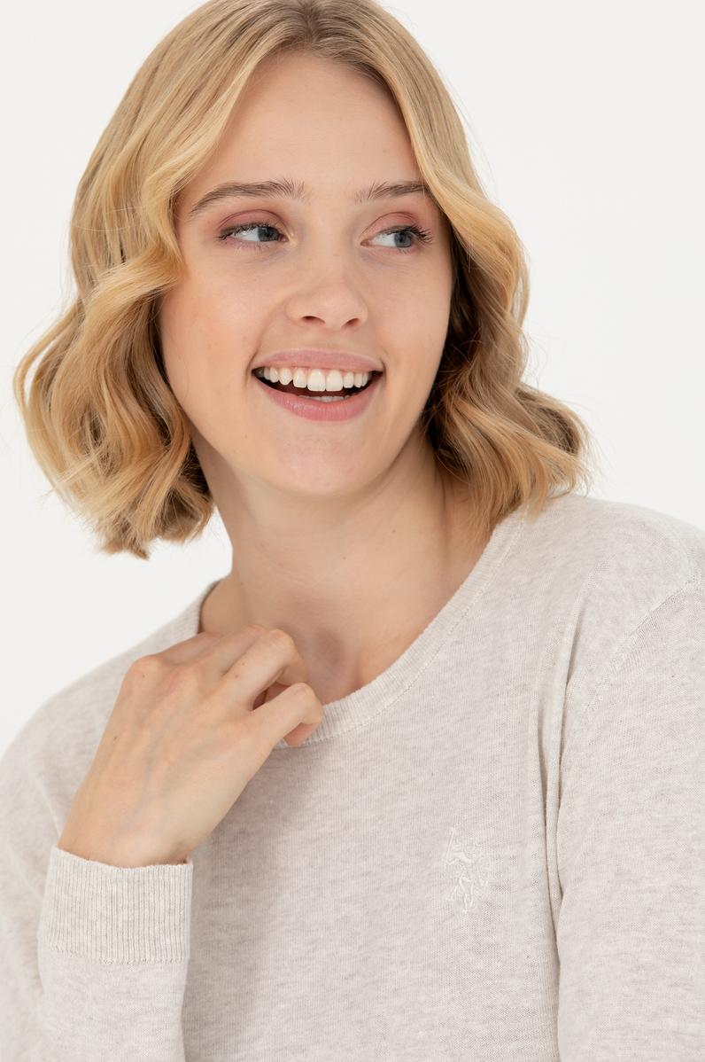 Kadın Taş Melanj Bisiklet Yaka Basic Kazak