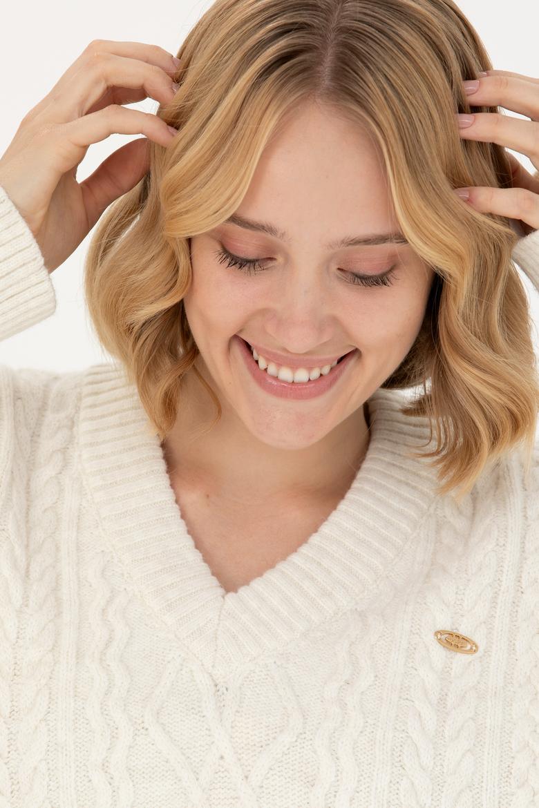 Kadın Krem V Yaka Kazak - 50270427004