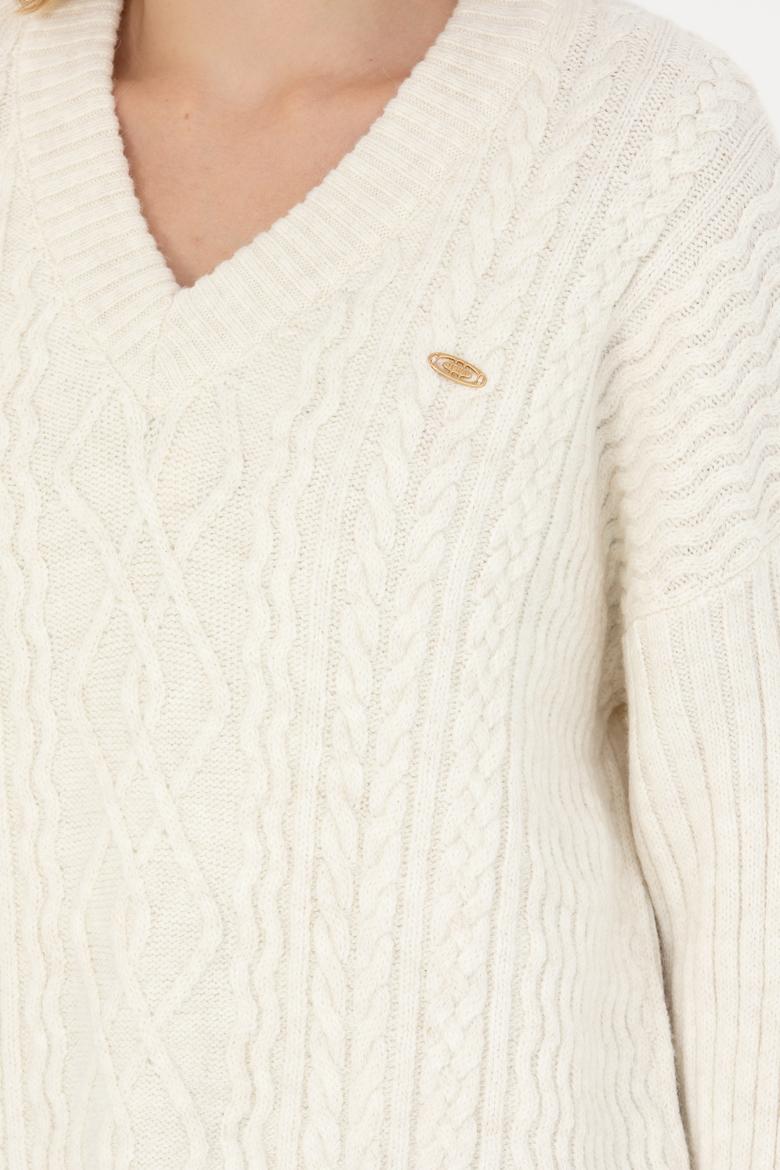 Kadın Krem V Yaka Kazak - 50270427004