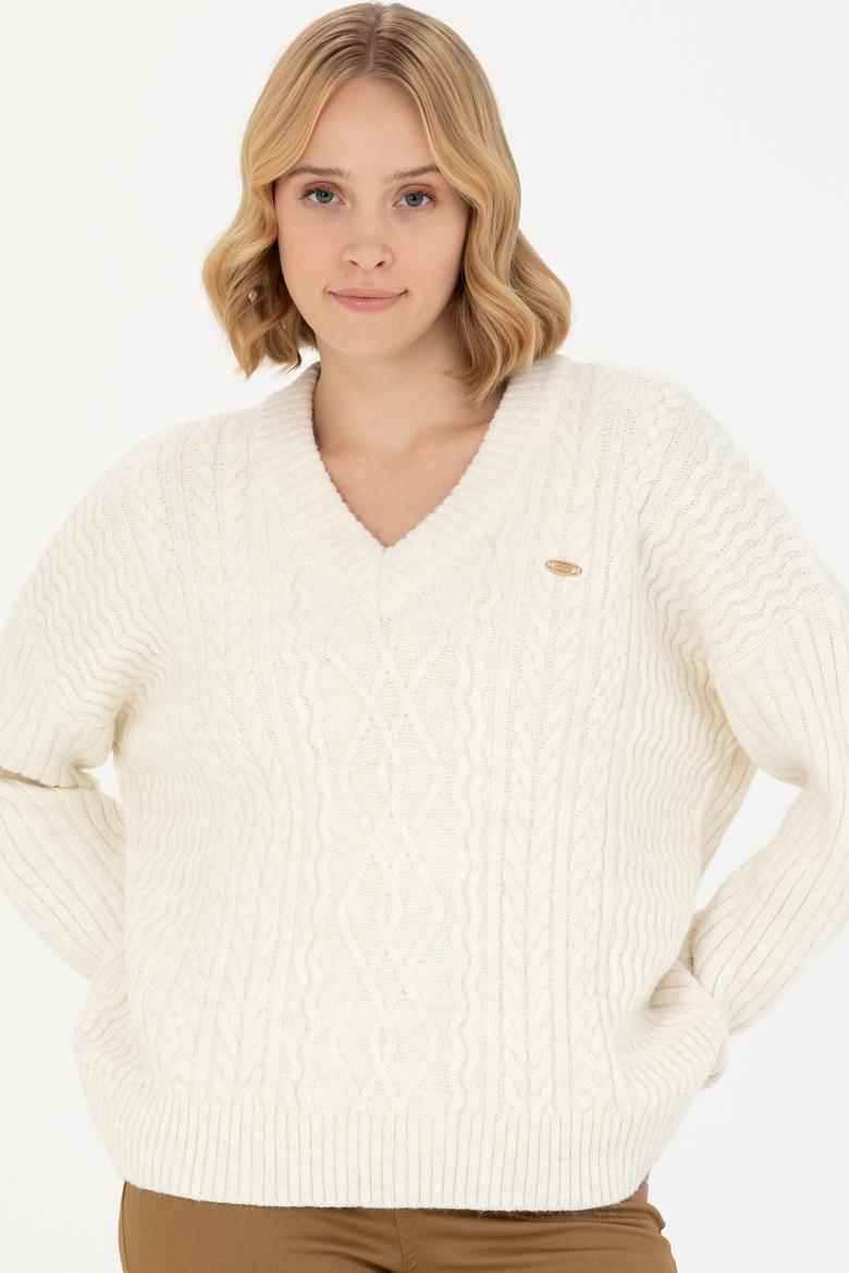 Kadın Krem V Yaka Kazak - 50270427004