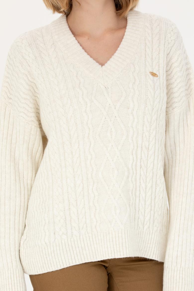 Kadın Krem V Yaka Kazak - 50270427004