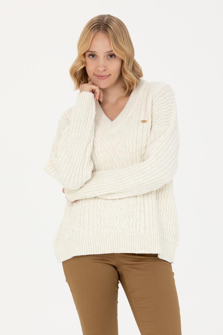 Kadın Krem V Yaka Kazak