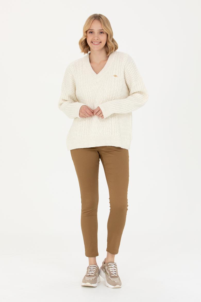 Kadın Krem V Yaka Kazak - 50270427004