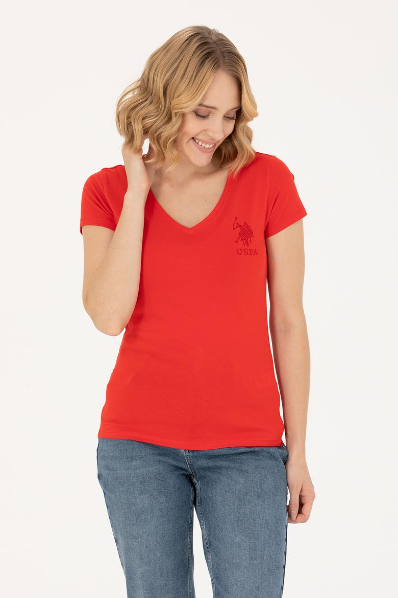 Kadın Kırmızı Basic V Yaka Tişört