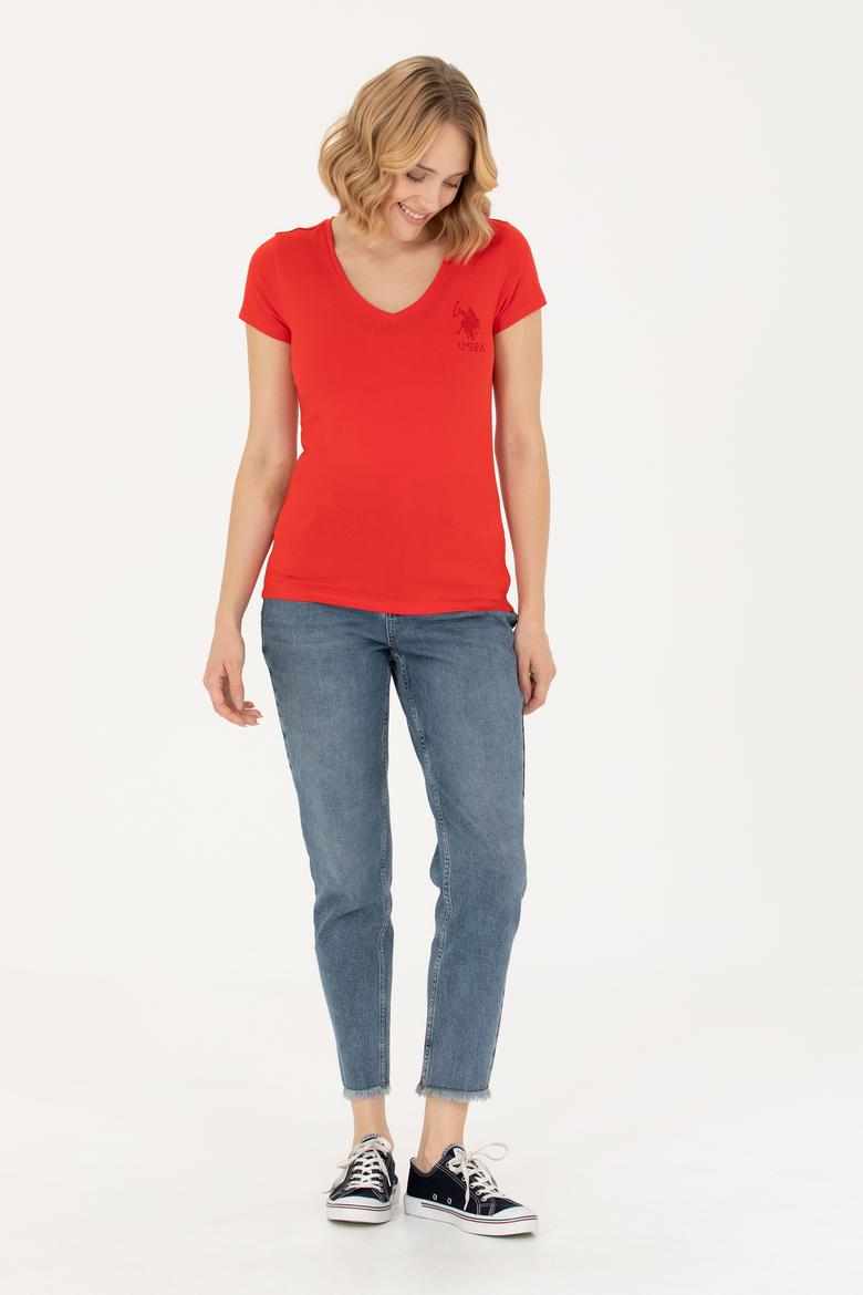 Kadın Kırmızı Basic V Yaka Tişört - 50263976053