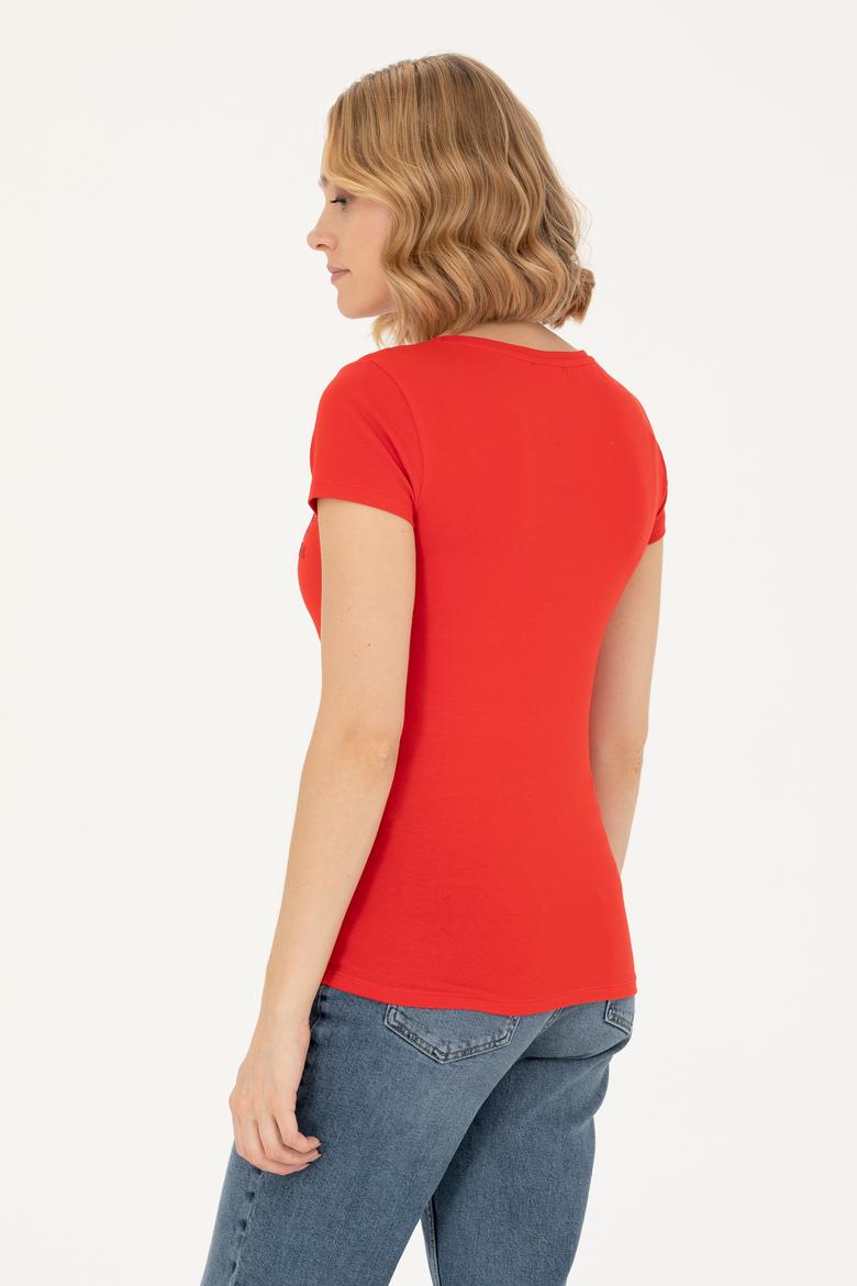 Kadın Kırmızı Basic V Yaka Tişört - 50263976053