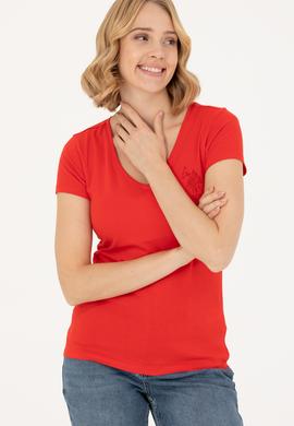 Kadın Kırmızı Basic V Yaka Tişört - 50263976053