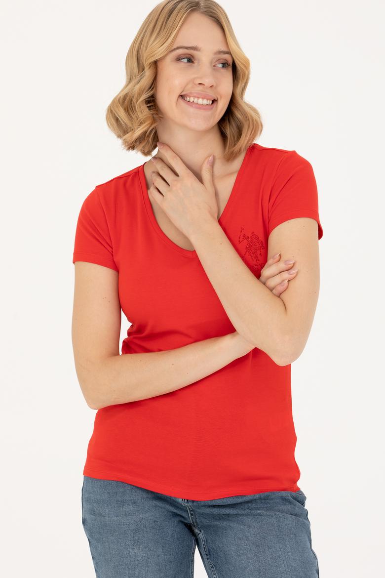 Kadın Kırmızı Basic V Yaka Tişört - 50263976053