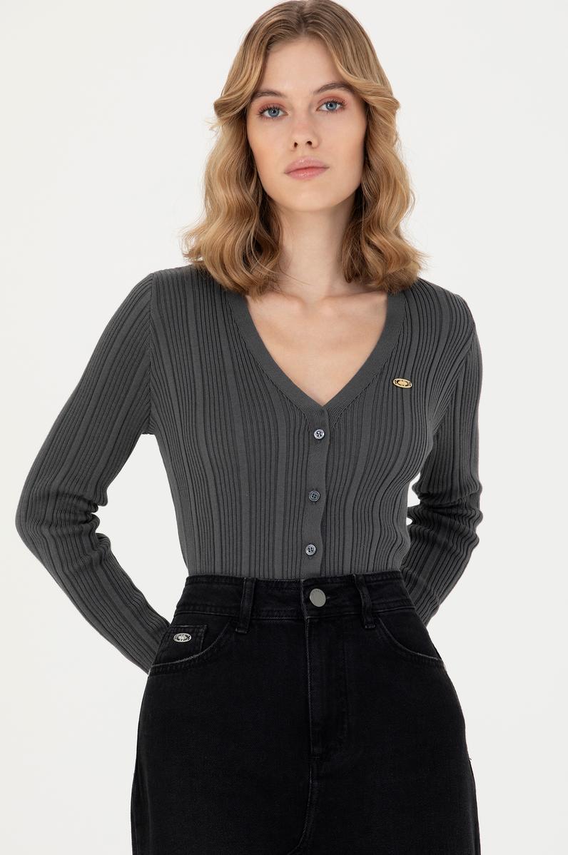 Kadın Antrasit Basic Triko Hırka