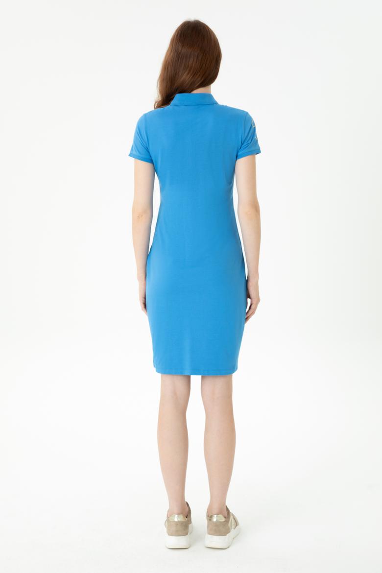 Kadın Saks Polo Yaka Mini Boy Örme Elbise - 50262696138