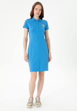 Kadın Saks Polo Yaka Mini Boy Örme Elbise - 50262696138