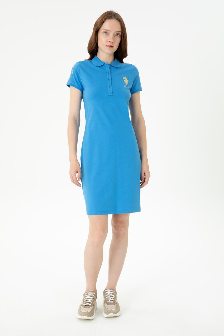 Kadın Saks Polo Yaka Mini Boy Örme Elbise - 50262696138