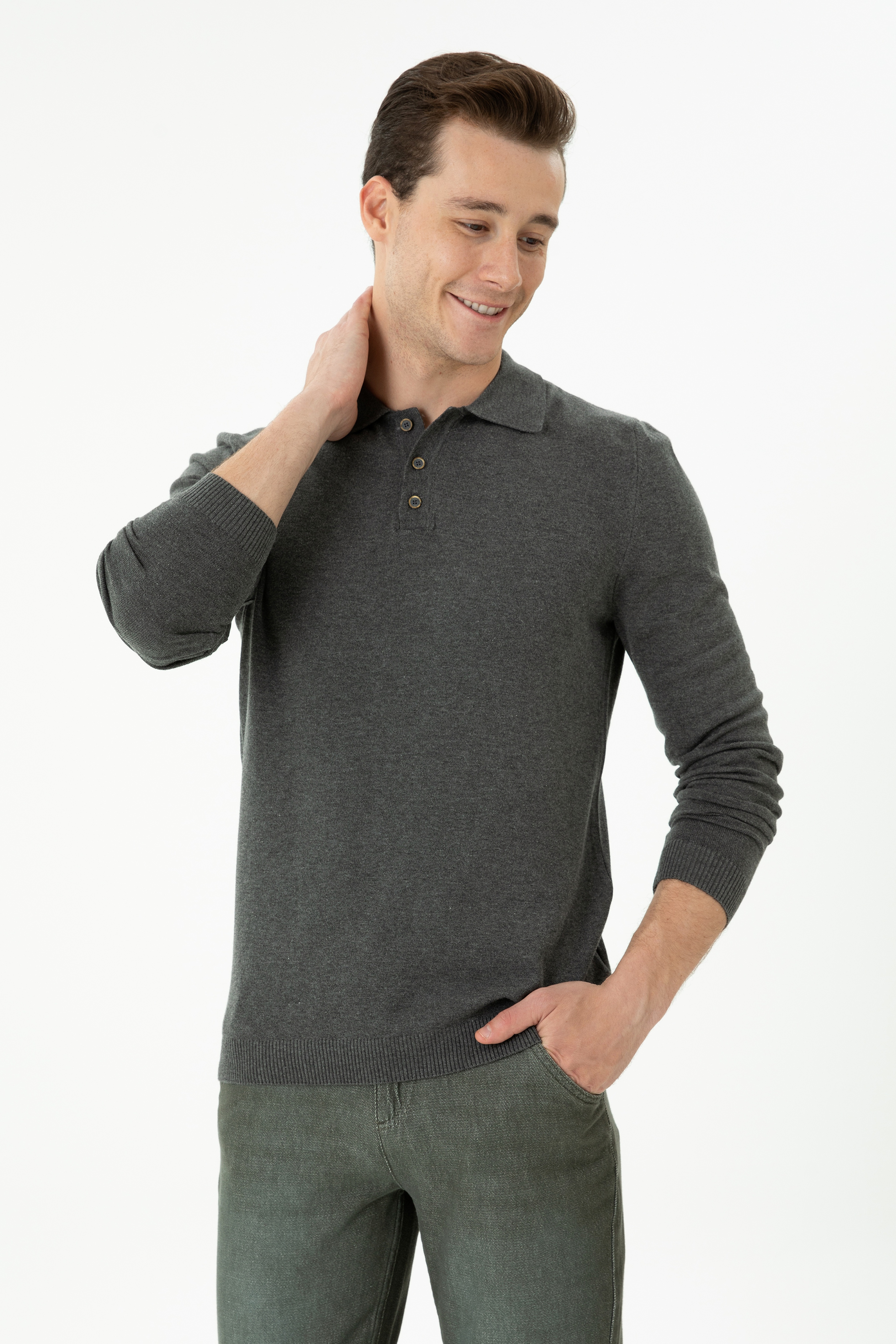 Erkek Slim Fit Antrasit Melanj Polo Yaka Kazak - Image 1