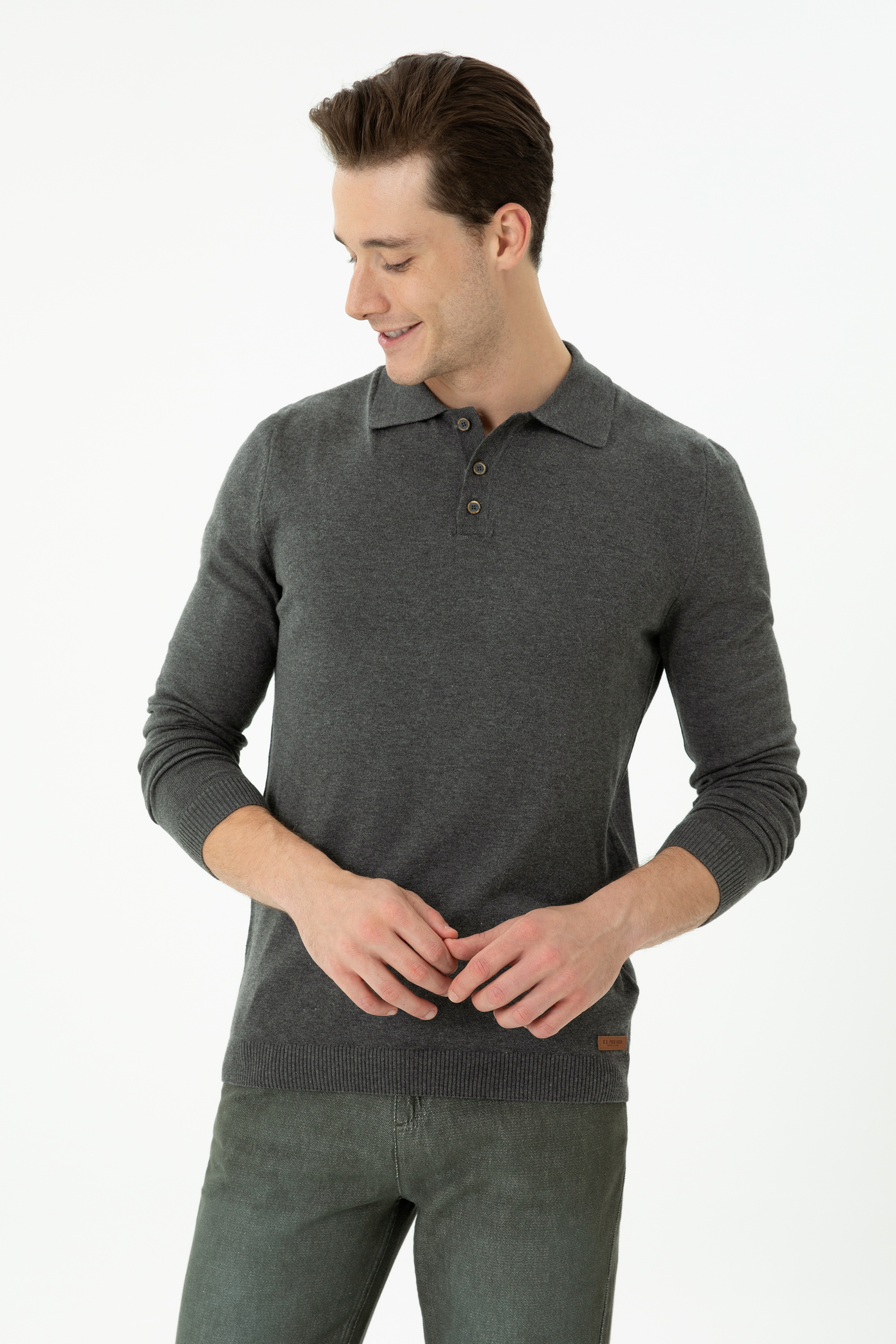 Erkek Slim Fit Antrasit Melanj Polo Yaka Kazak - Image 3