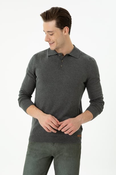 Erkek Slim Fit Antrasit Melanj Polo Yaka Kazak