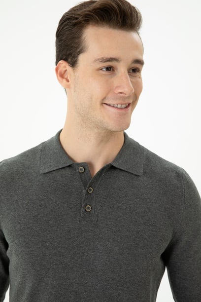Erkek Slim Fit Antrasit Melanj Polo Yaka Kazak